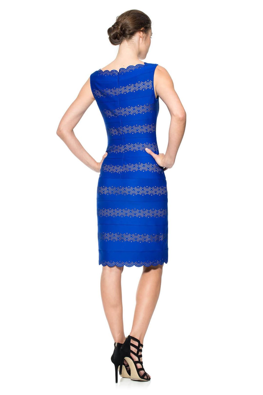 Tadashi Shoji Laser Cut Neoprene Sheath Dress Blue Size 10 for rent on The Volte - main image