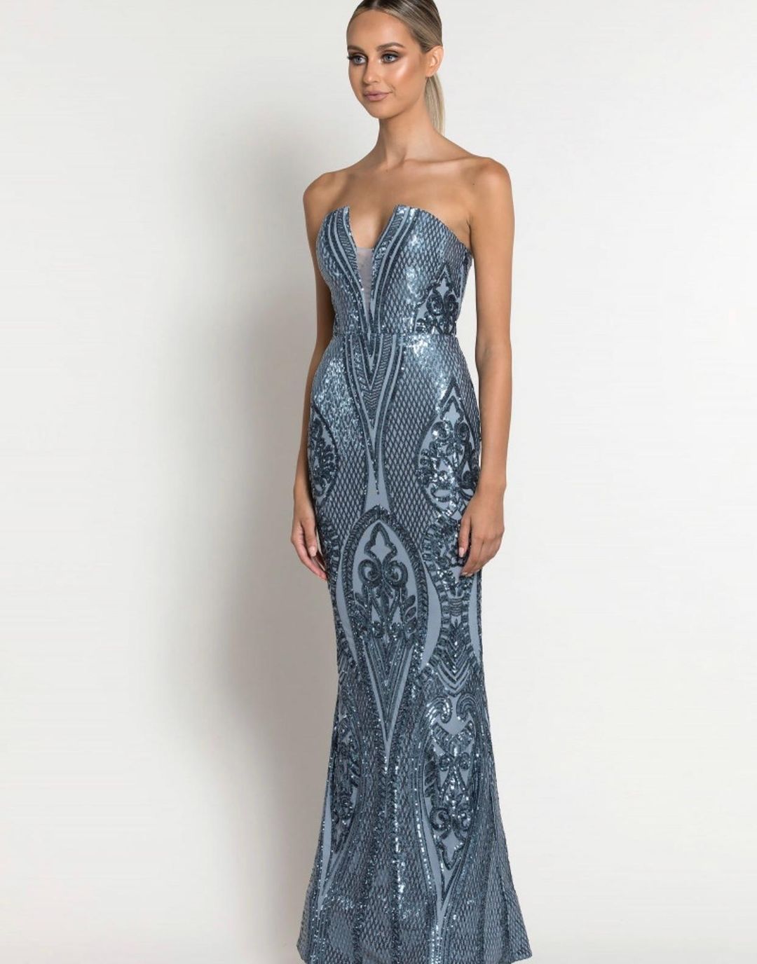 Maia Strapless Pattern Gown Anitque Blue Size 10 for rent on The Volte - main image