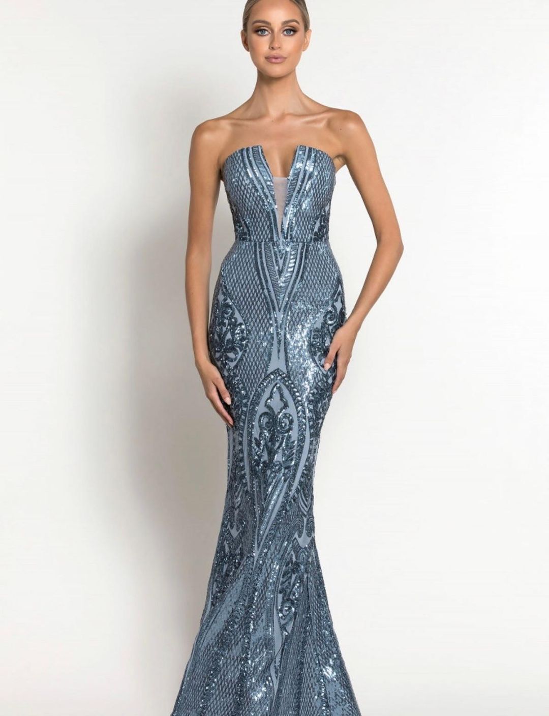 Maia Strapless Pattern Gown Anitque Blue Size 10 for rent on The Volte - main image