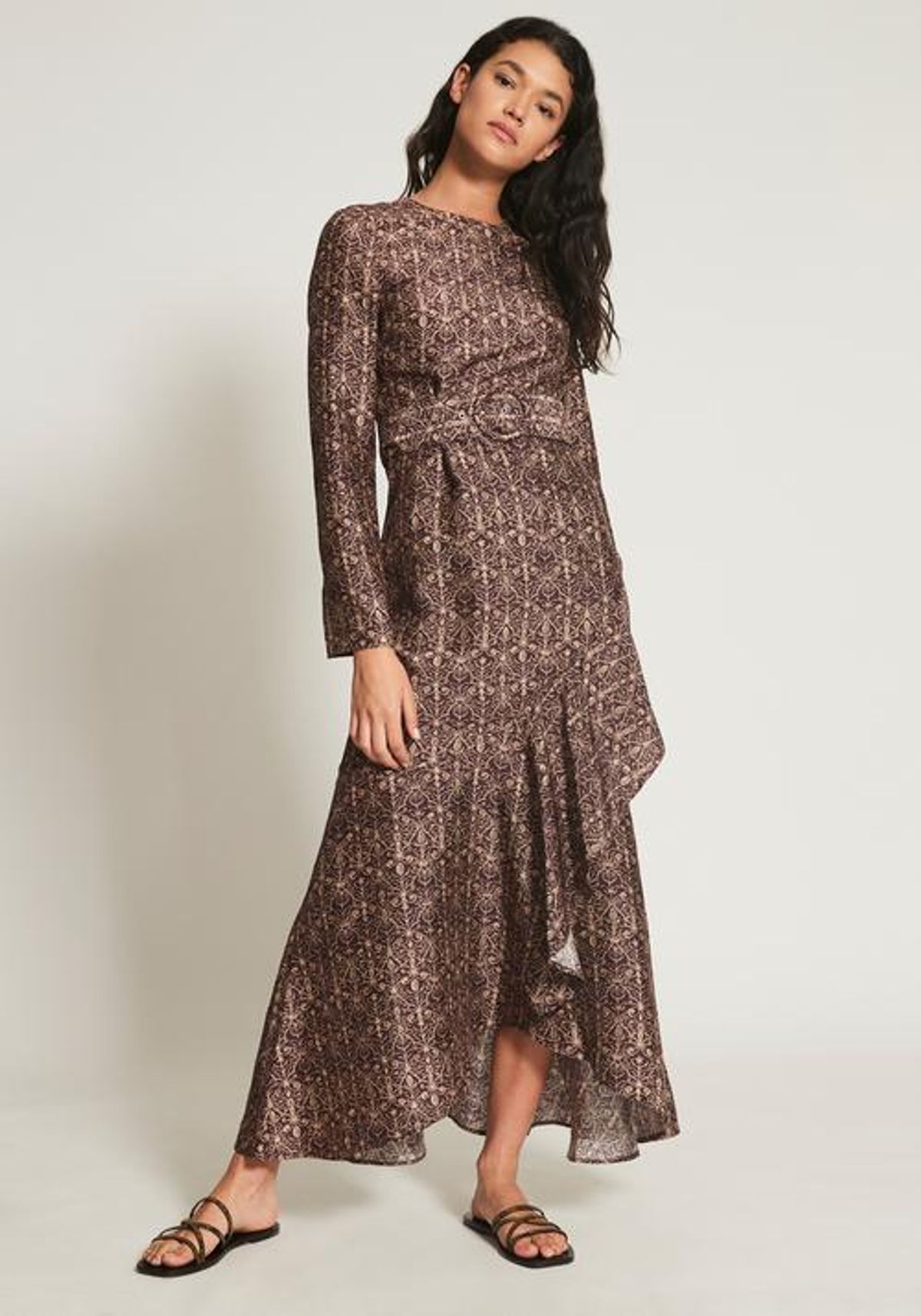 Sir The Label Siena Asymmetric Ruffle Midi Gown Brown | AU 10 - Image 1
