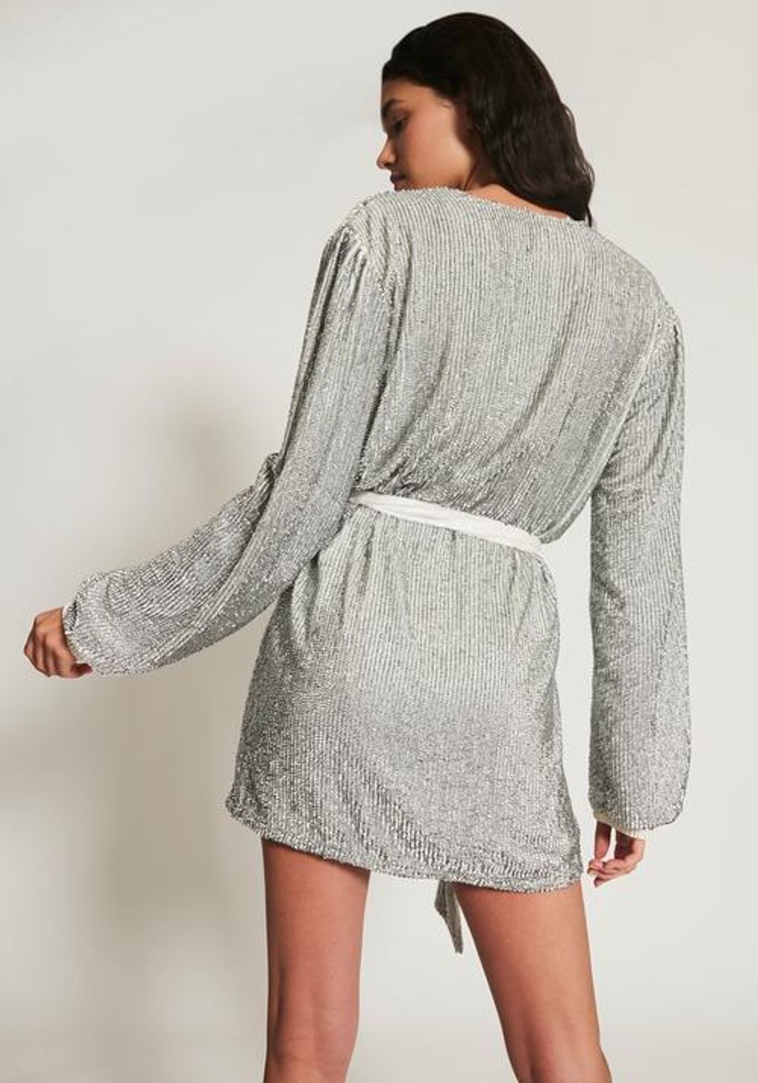 Retrofete Gabrielle Sequin Wrap Mini Dress Silver Size AU 4  for rent on The Volte - main image