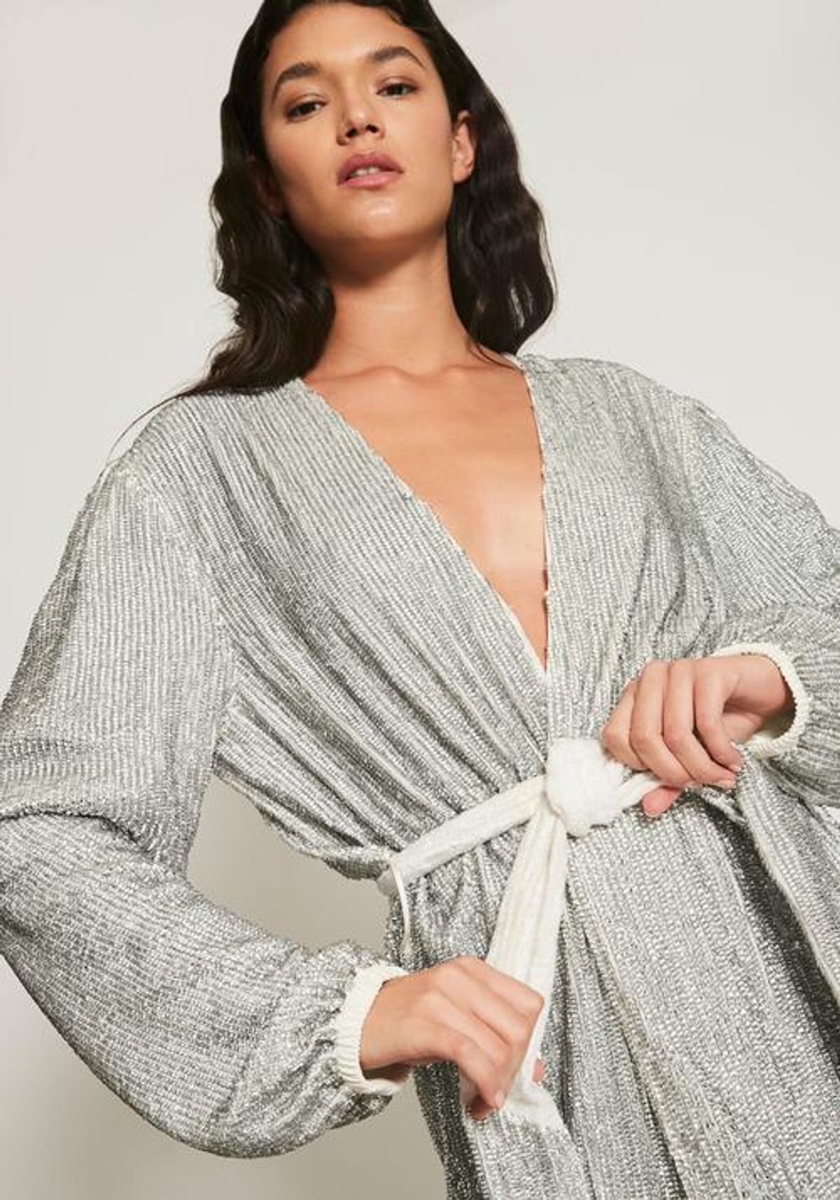 Retrofete Gabrielle Sequin Wrap Mini Dress Silver Size AU 4  - Image 4