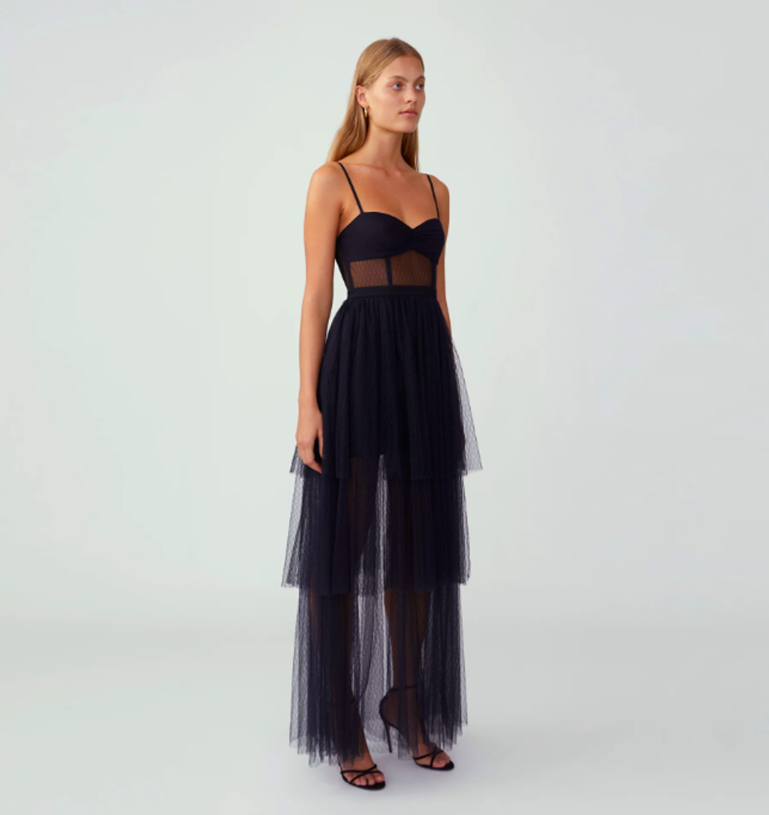 Fame and Partners, Black Corset Tiered Gown for rent on The Volte - main image