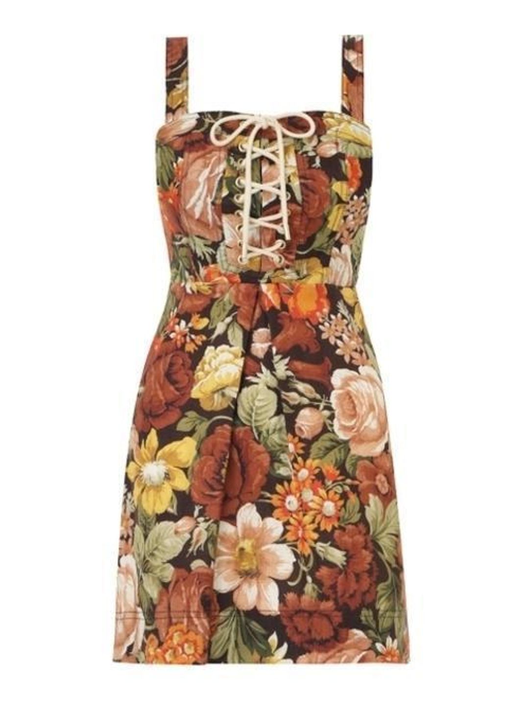 Zimmermann Bonita Lace Up Mini Dress in Chocolate Floral Size 0P (AU 6) for rent on The Volte - main image