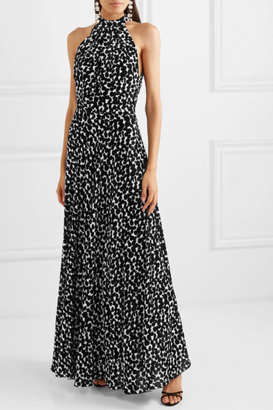 Raquel Diniz - Giovanna printed velvet halterneck gown in Black/white, Size 6 for rent on The Volte - main image