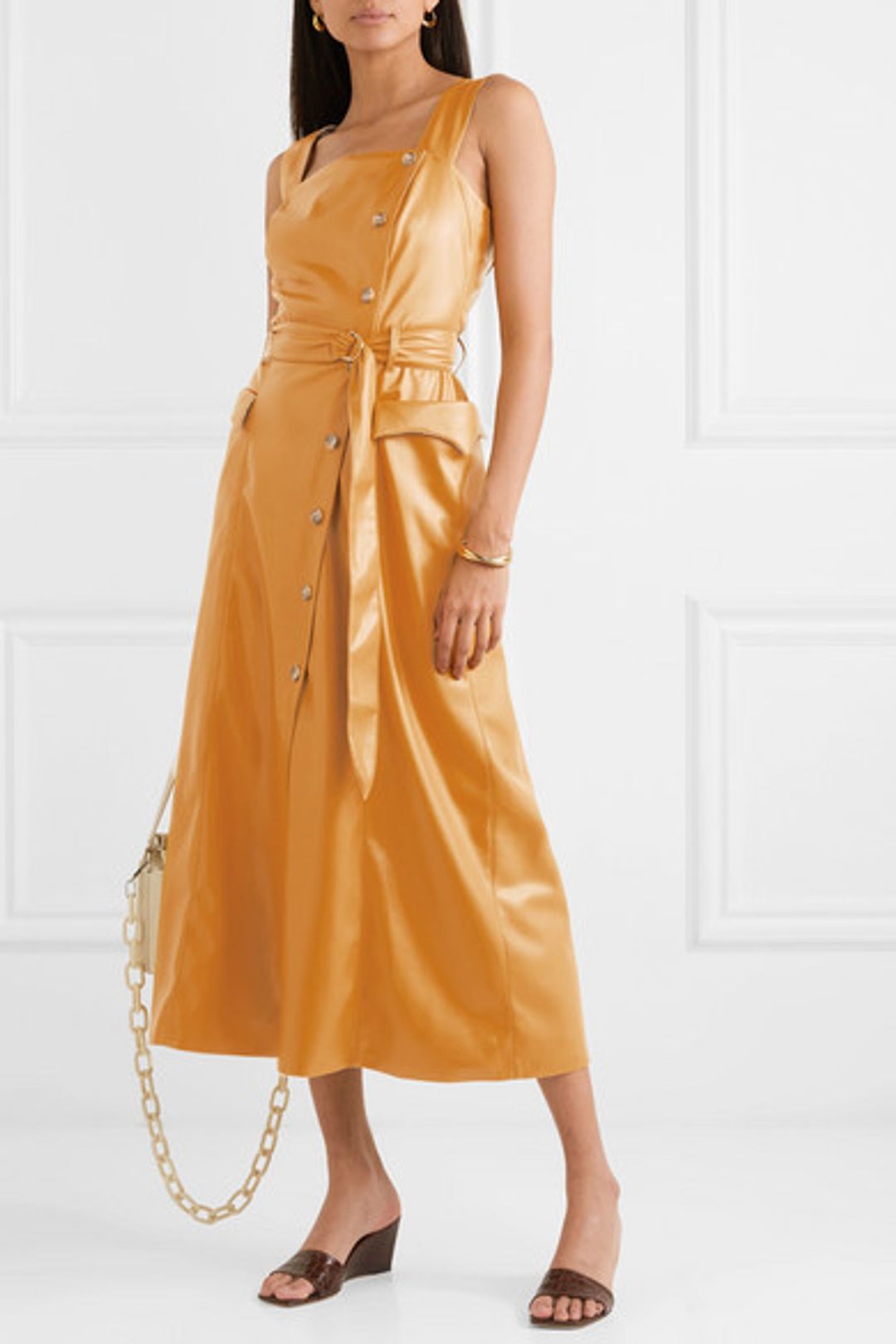 Nanushka - Moun belted vegan leather wrap-effect midi dress in Mustard Yellow (size S/8) for rent on The Volte - main image