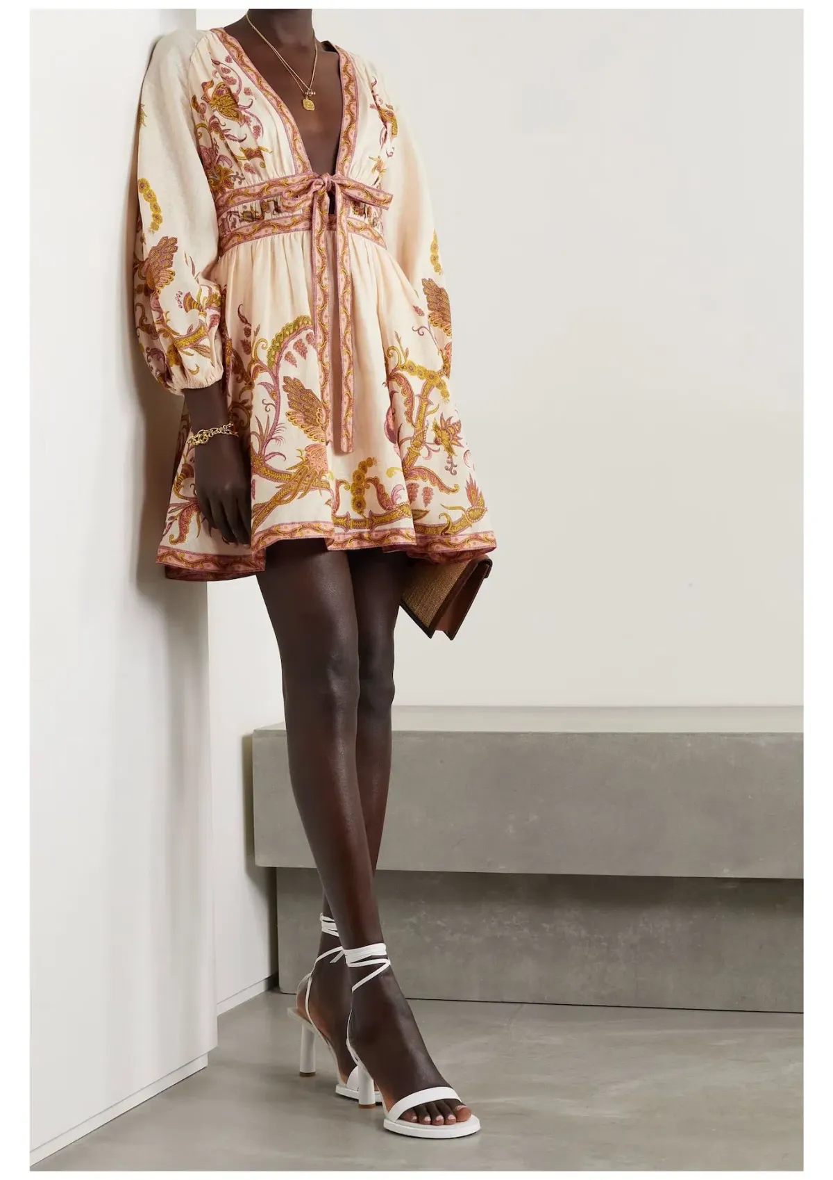 Zimmermann Cassia Plunge Bow Mini Dress Cream Bird Floral Size 6 - Image 1