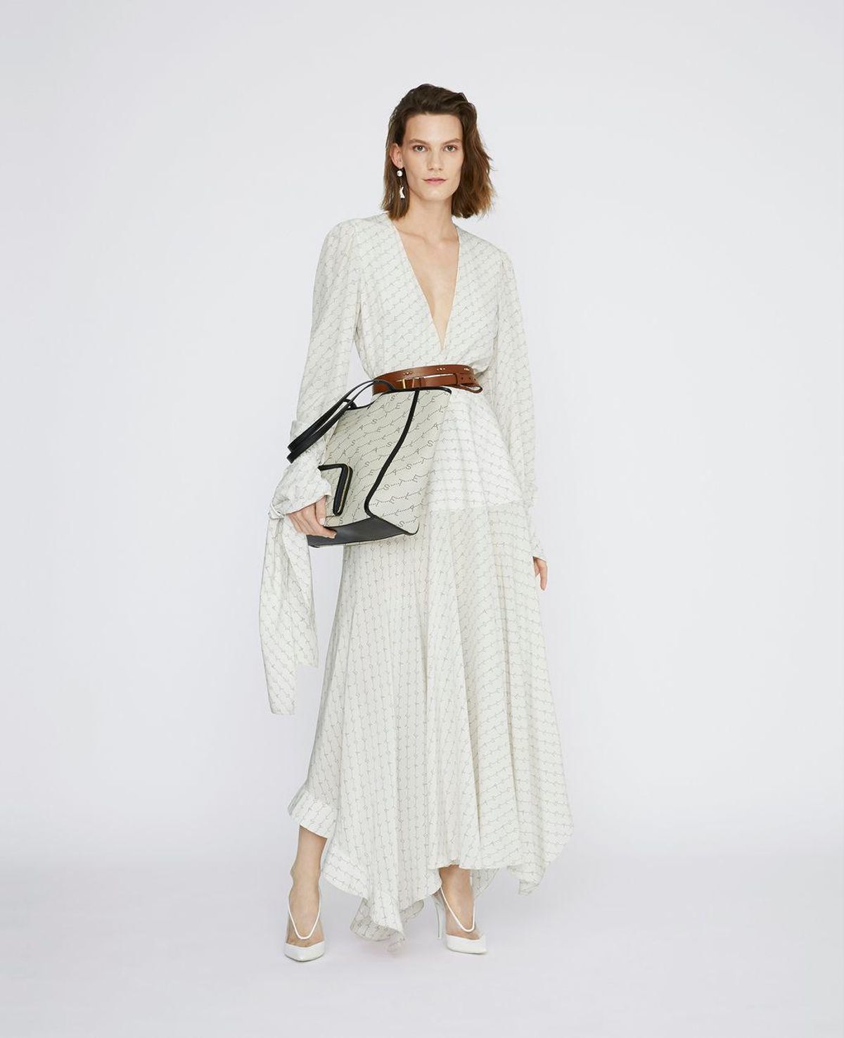 Stella McCartney Asymmetric Monogrammed Silk Deep V-neck Dress size 10 - Image 1