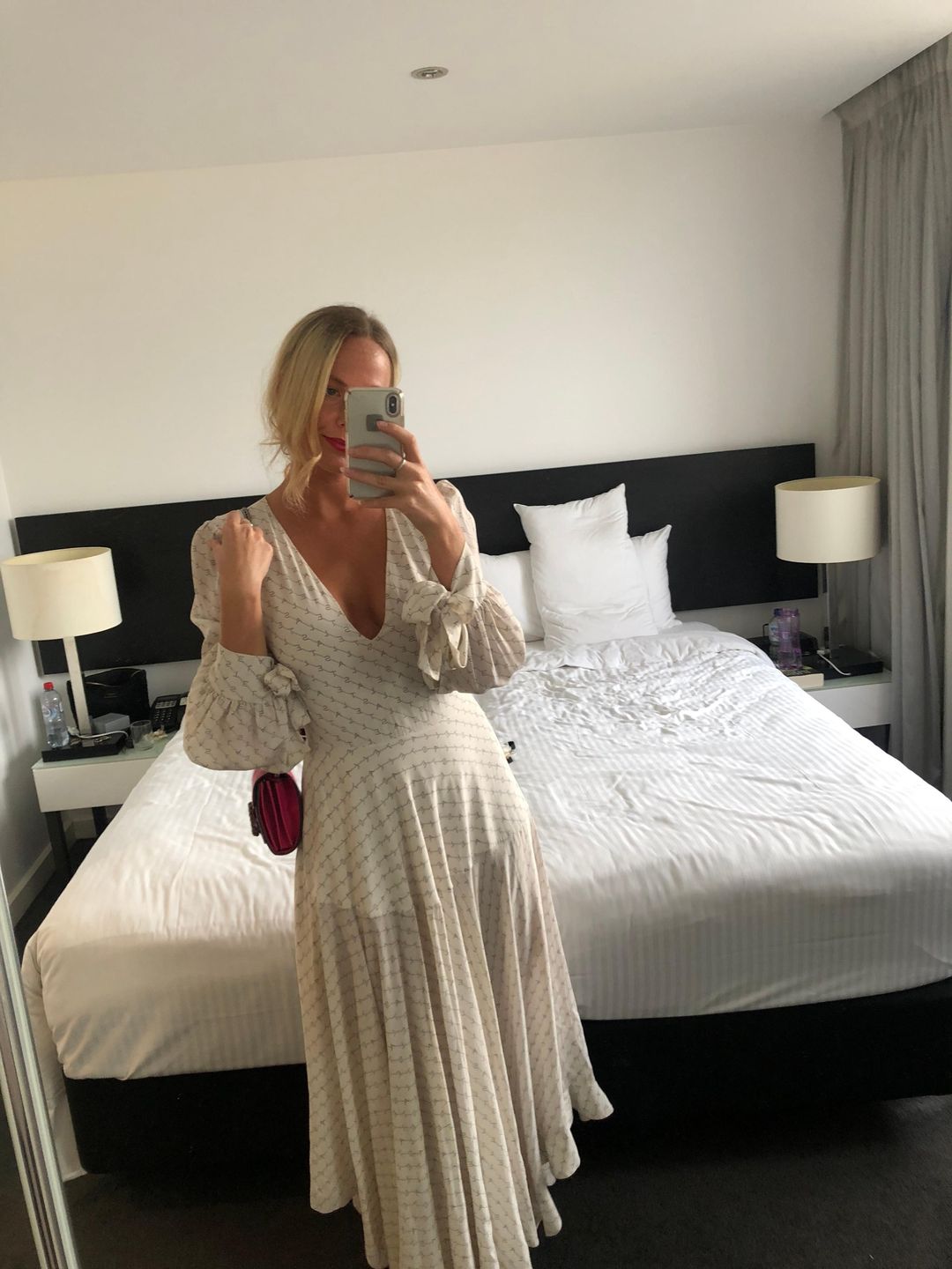 Stella McCartney Asymmetric Monogrammed Silk Deep V-neck Dress size 10 for rent on The Volte - main image