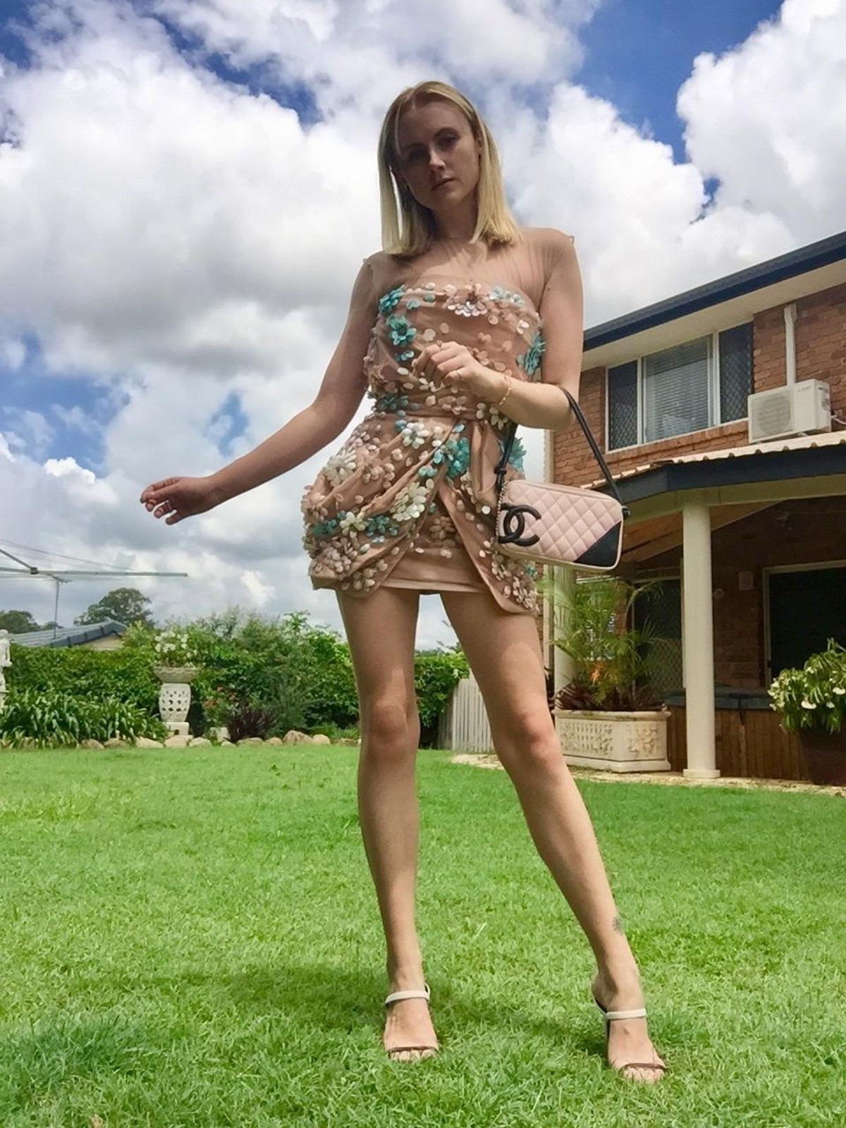 Blumarine 3D Floral Cocktail Dress Nude Size 6 - Image 1