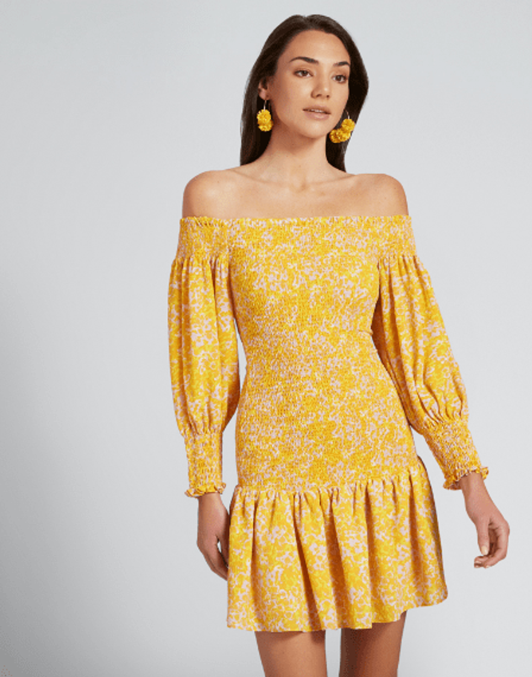 Seed Heritage Shirred Off Shoulder Mini Dress Yellow Size 10 for rent on The Volte - main image