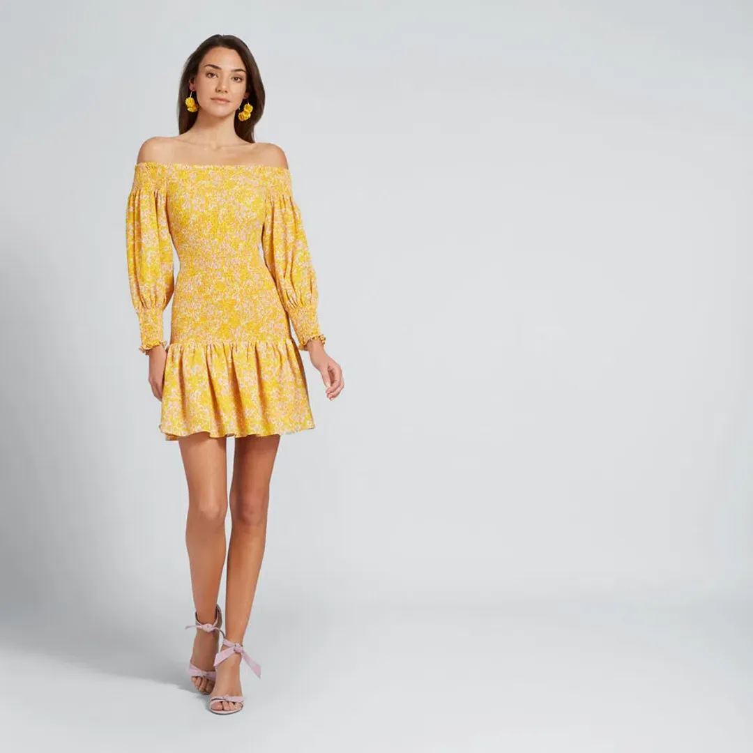 Seed Heritage Shirred Off Shoulder Mini Dress Yellow Size 10 for rent on The Volte - main image