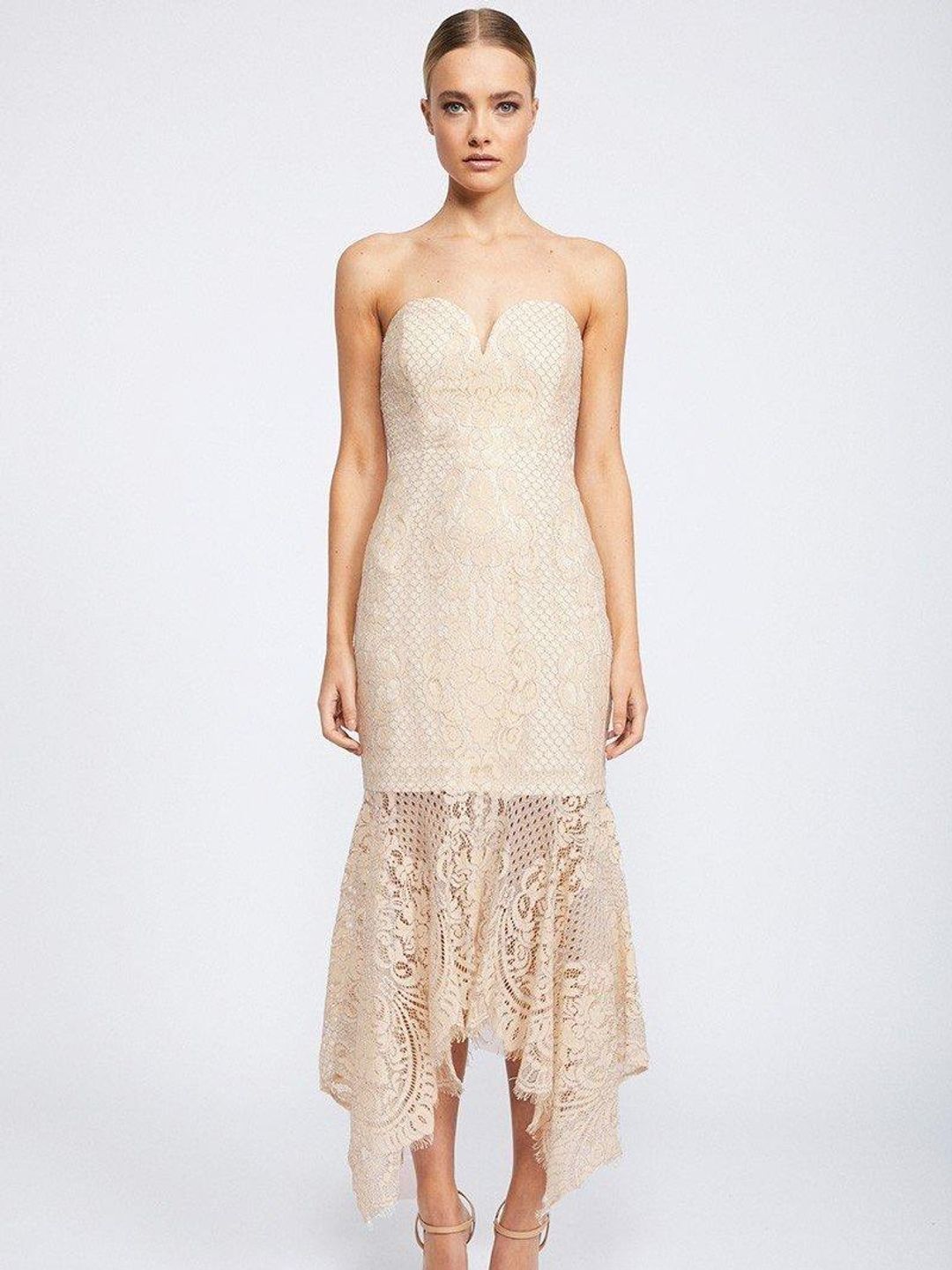 Shona Joy Lace Bustier Handkerchief Midi Dress Nude size 8  for rent on The Volte - main image