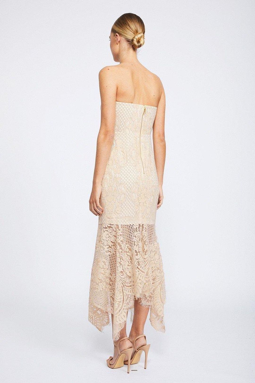 Shona Joy Lace Bustier Handkerchief Midi Dress Nude size 8  for rent on The Volte - main image