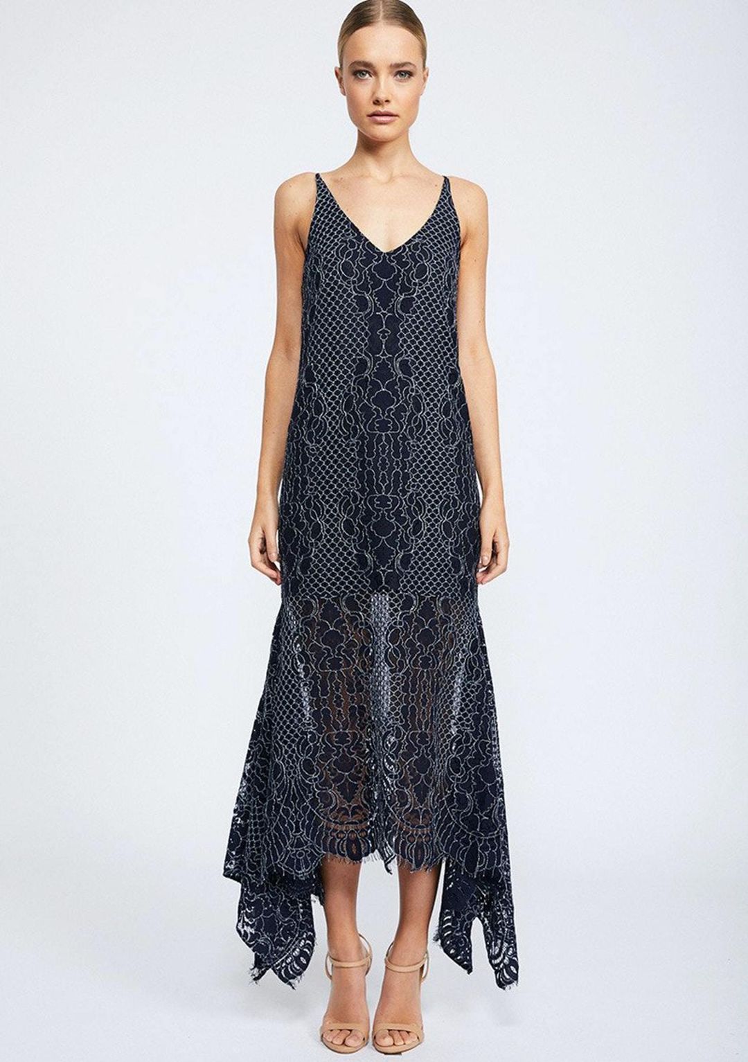 Shona Joy Lace Handkerchief Slip Dress Navy size 8  for rent on The Volte - main image