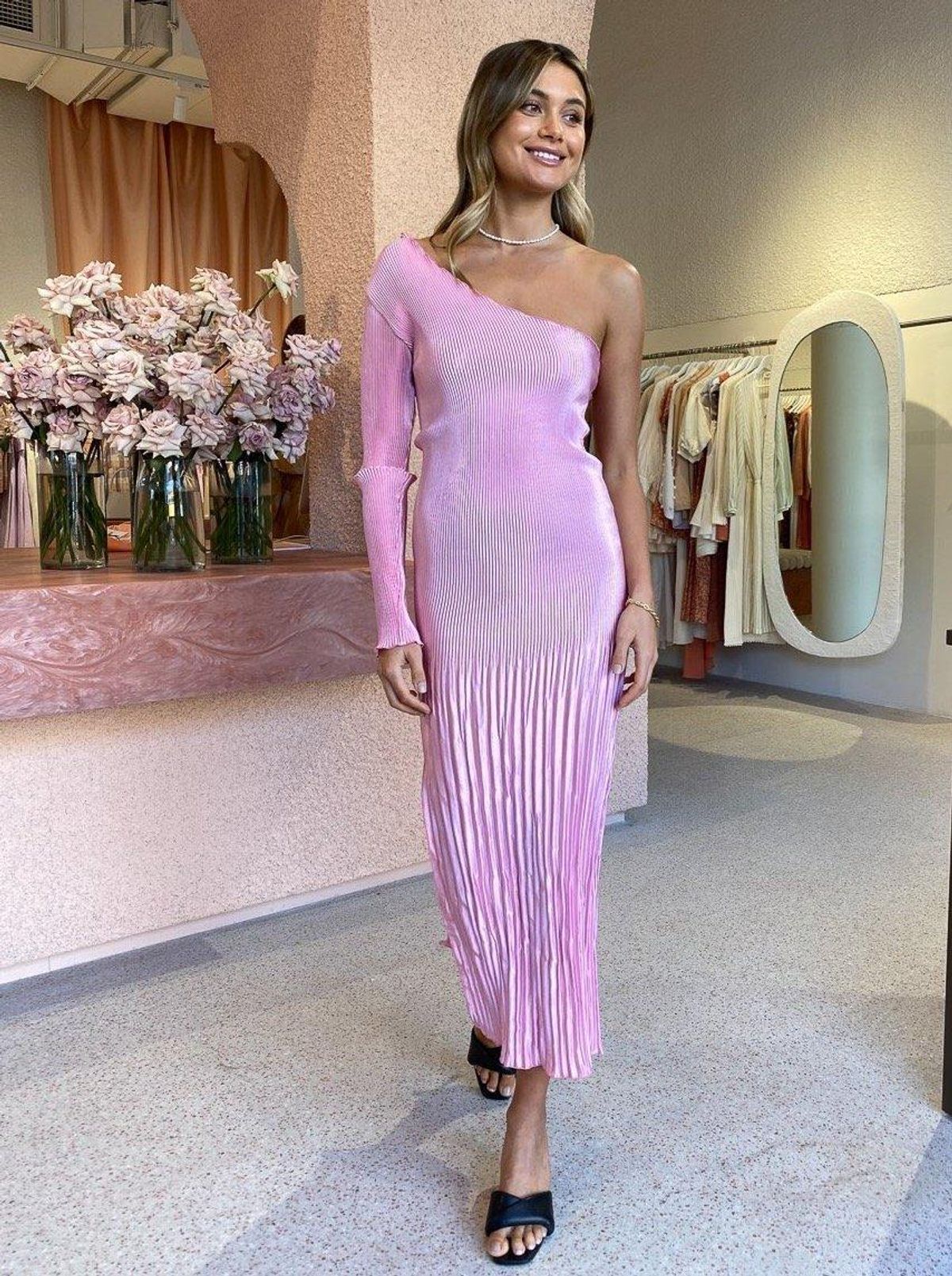 L'Idee Soiree One Shoulder Long Sleeve Dress in Pink Size 6 - Image 4