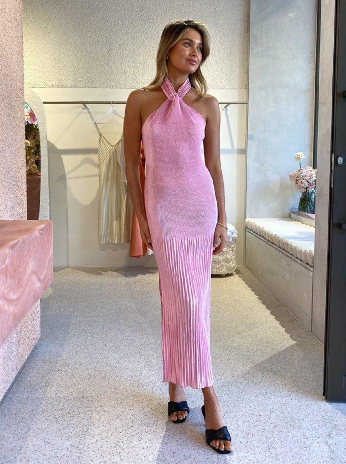 L'IDEE | Soiree Pleated Halter Dress in Pink | Size 10 - Image 4