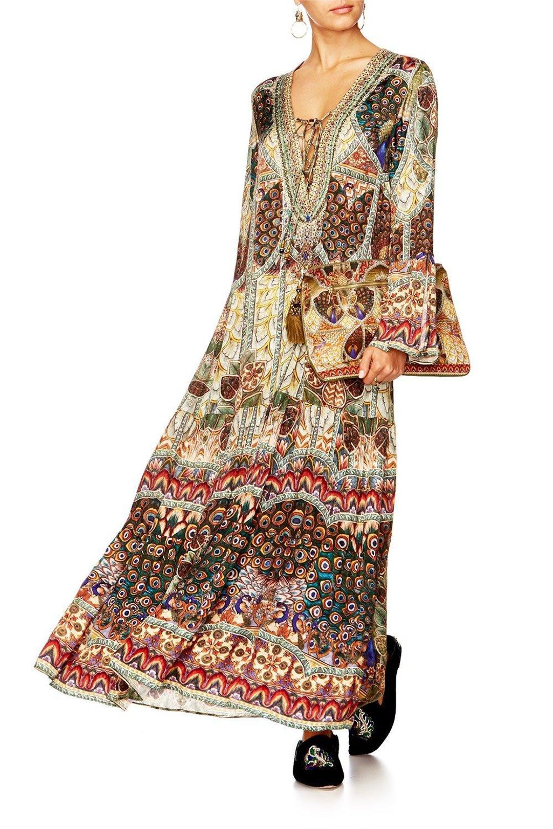 Camilla 'Echos of Enchantment' lace up dress with tiered hem Print Size  for rent on The Volte - main image