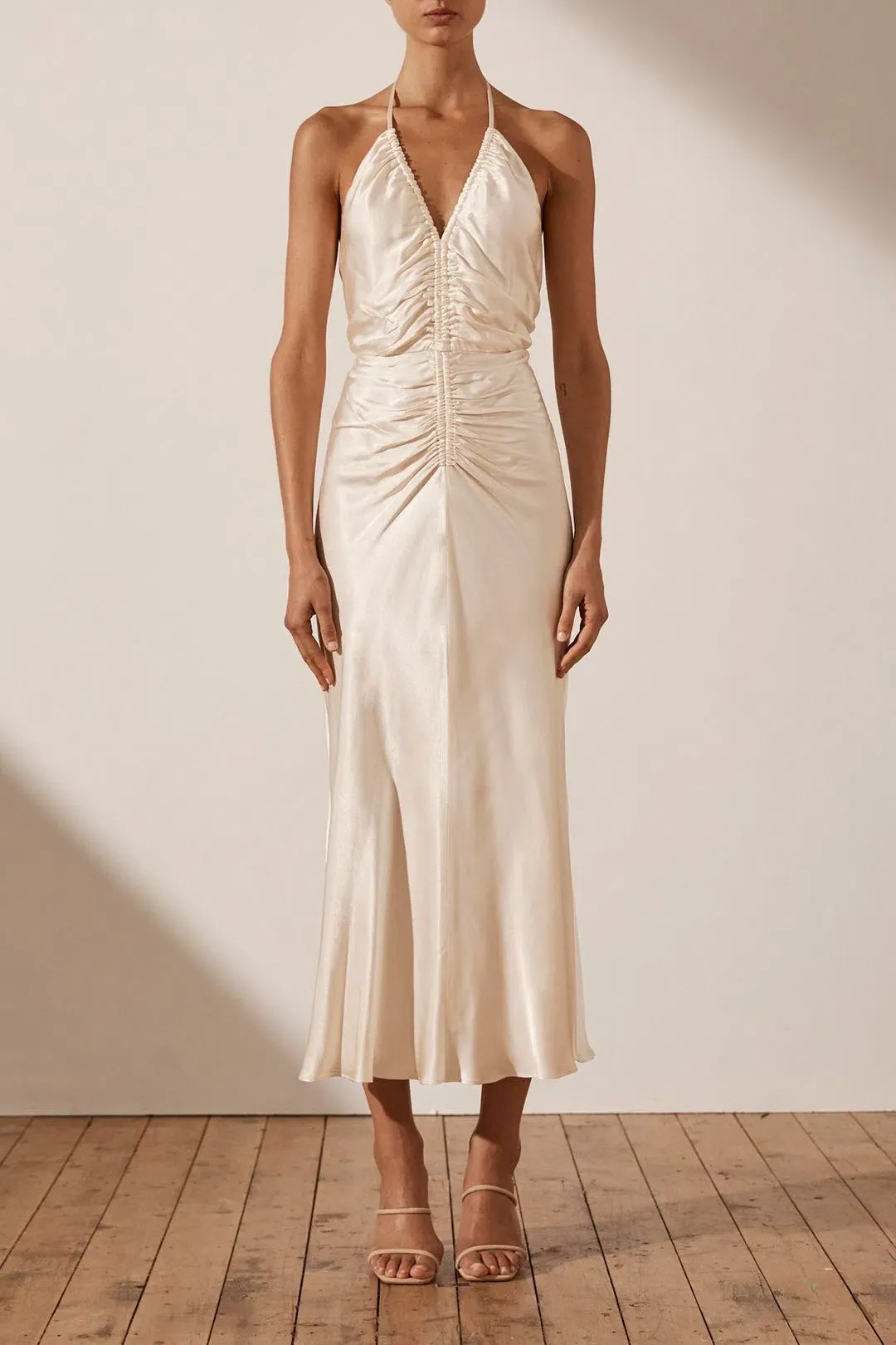 Shona Joy Sophia Ruched Halter Dress Cream Size 12 for rent on The Volte - main image