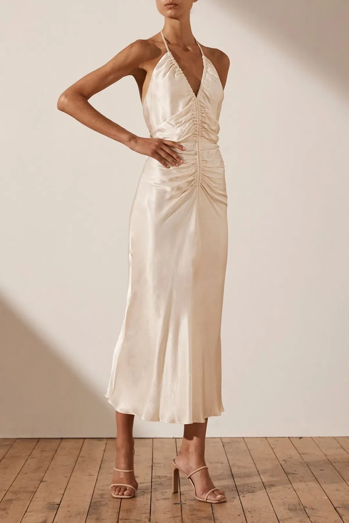 Shona Joy Sophia Ruched Halter Dress Cream Size 12 - Image 3