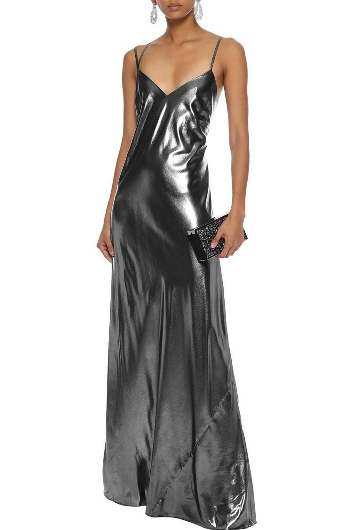 Michelle Mason Draped Lamé Gown Gunmetal Size 2 - Image 1
