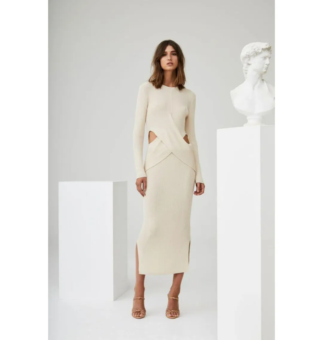 Sir the Label Celena Draped Knit Midi Dress Cream Size 0 / AU 6 for rent on The Volte - main image