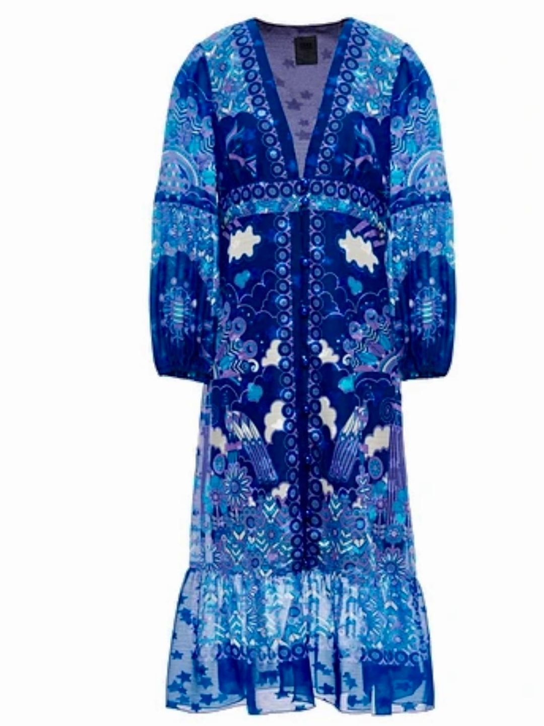 Anna Sui Ruched Printed Silk Chiffon Midi Dress Blue Size US 6 (UK 10) for rent on The Volte - main image