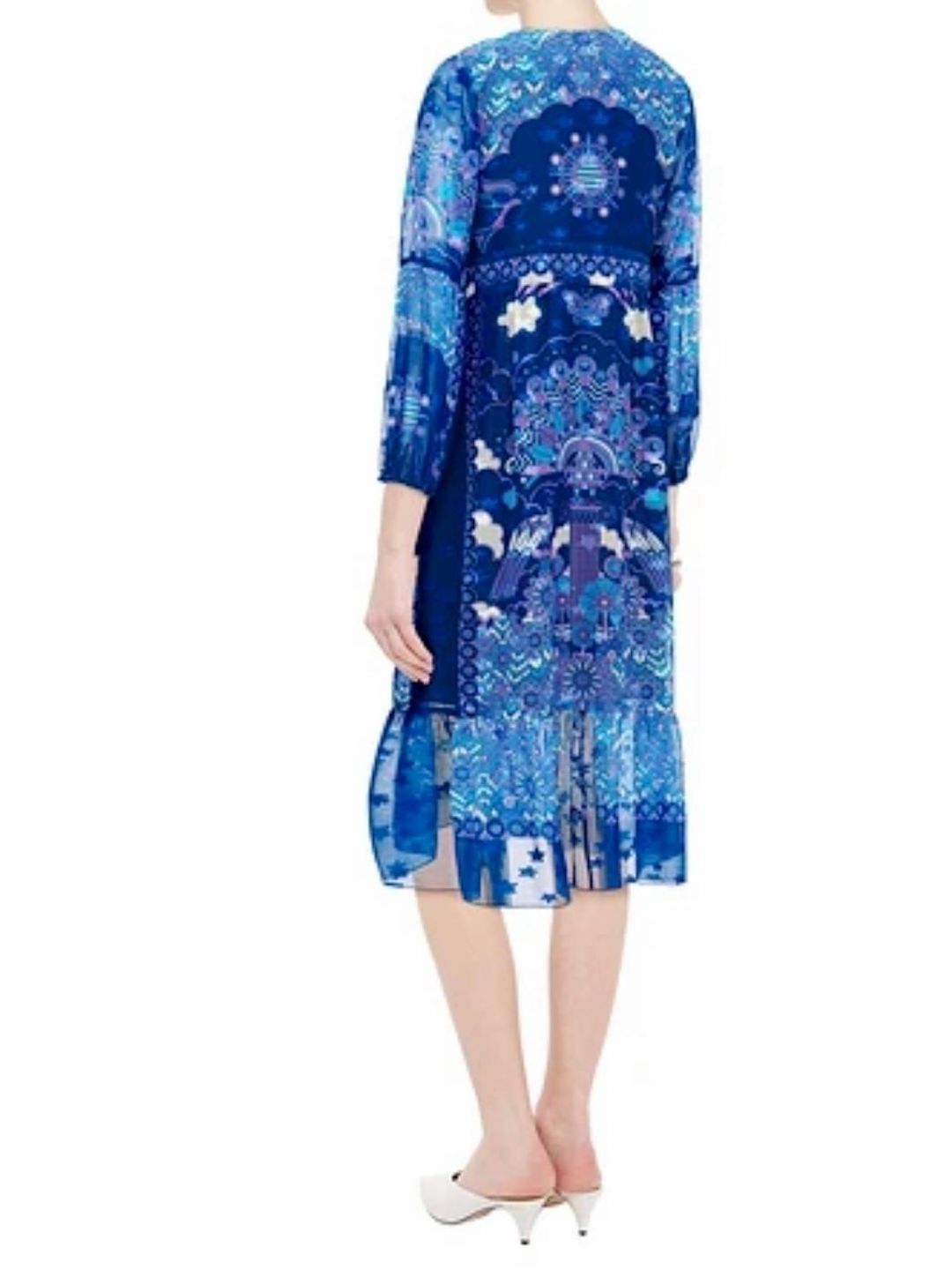 Anna Sui Ruched Printed Silk Chiffon Midi Dress Blue Size US 6 (UK 10) for rent on The Volte - main image