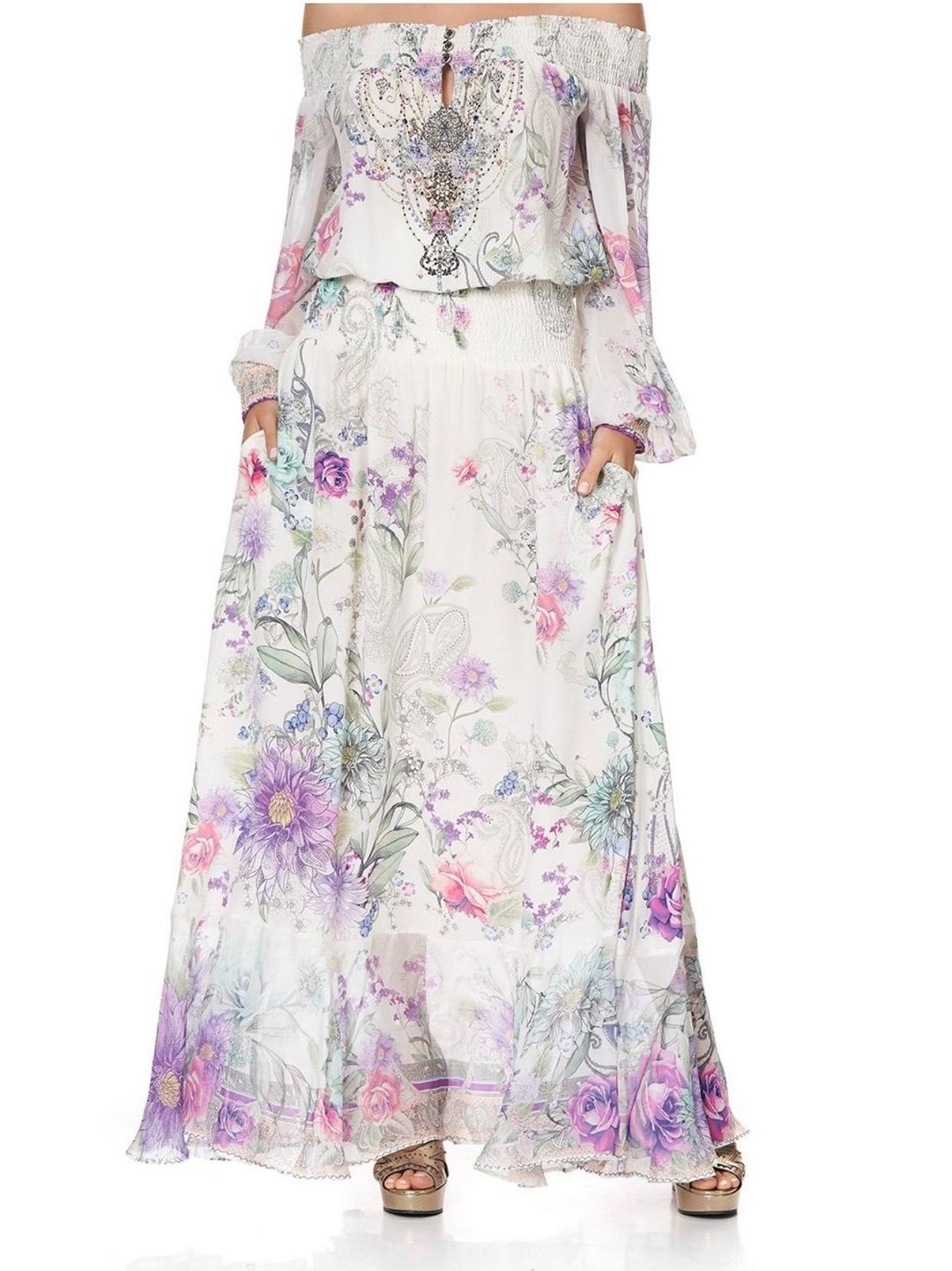 Camilla Off Shoulder Shirred Dress Forever Far Print Size 2 for rent on The Volte - main image
