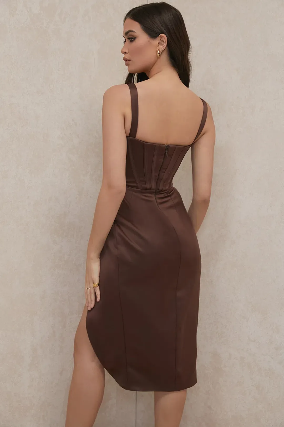 House of CB Faye Satin Corset Midi Dress Brown Size S / Au 6 for rent on The Volte - main image