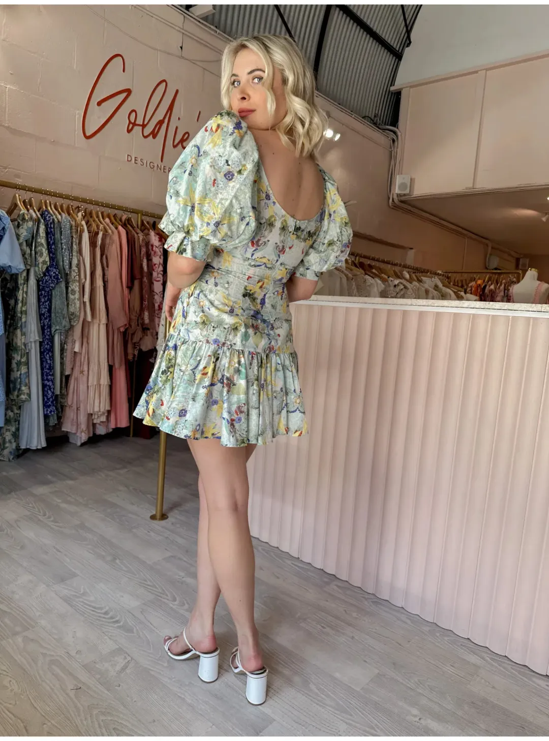 Leo and Lin Verde Puff Sleeve Mini Dress Floral Size AU 12 for rent on The Volte - main image