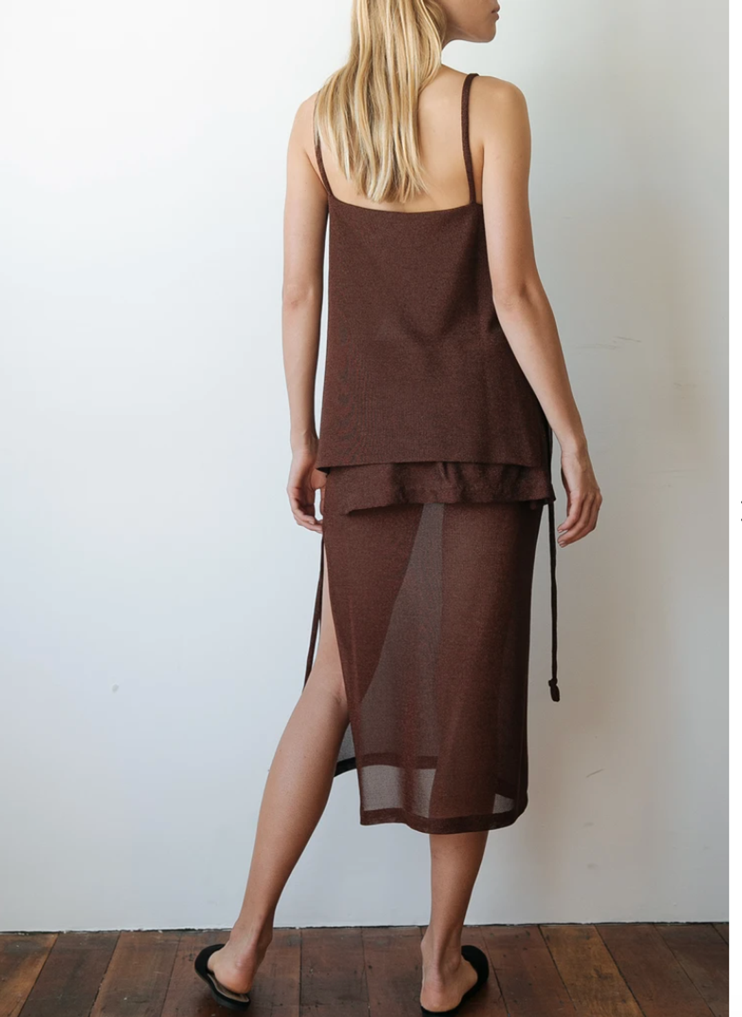 Kacey Delvin Multi Wear Temperate Midi Skirt with Single Side Split Brown Size 12  for rent on The Volte - main image