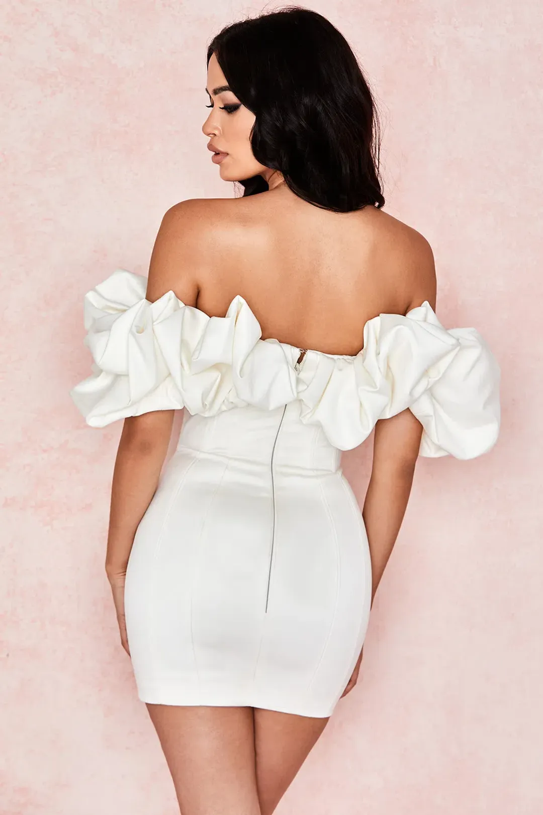 House of CB Selena Ivory Satin Ruffle Strapless Mini Dress White Size M / Au 10 for rent on The Volte - main image