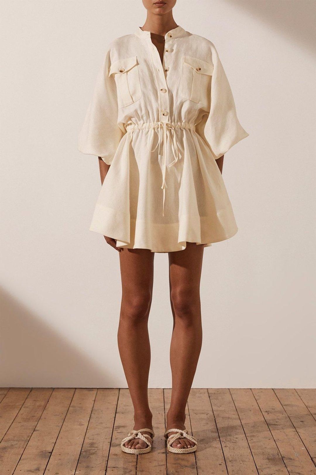 Shona Joy Brodie Linen Balloon Sleeve Dress White Size 8 for rent on The Volte - main image