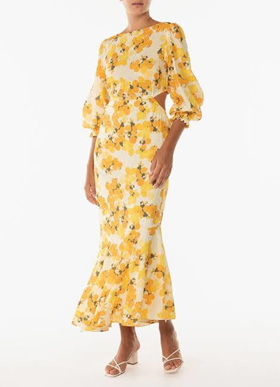 Peony Citrus Hi Neck Cut Out Dress Print Size 10 for rent on The Volte - main image