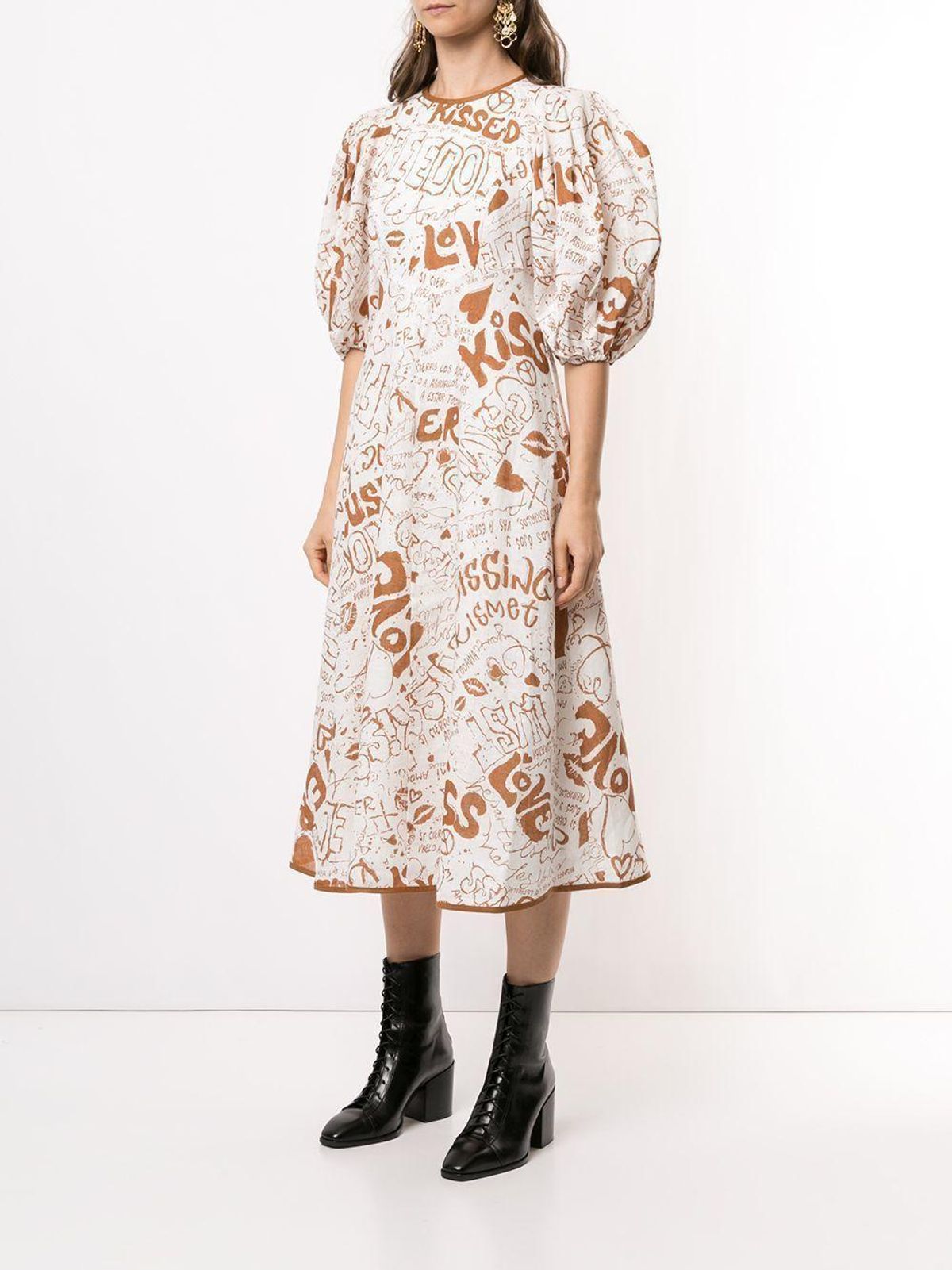 Zimmermann Linen Day Midi Dress Tan Graffiti Print Size 0 / AU 8 - Image 1