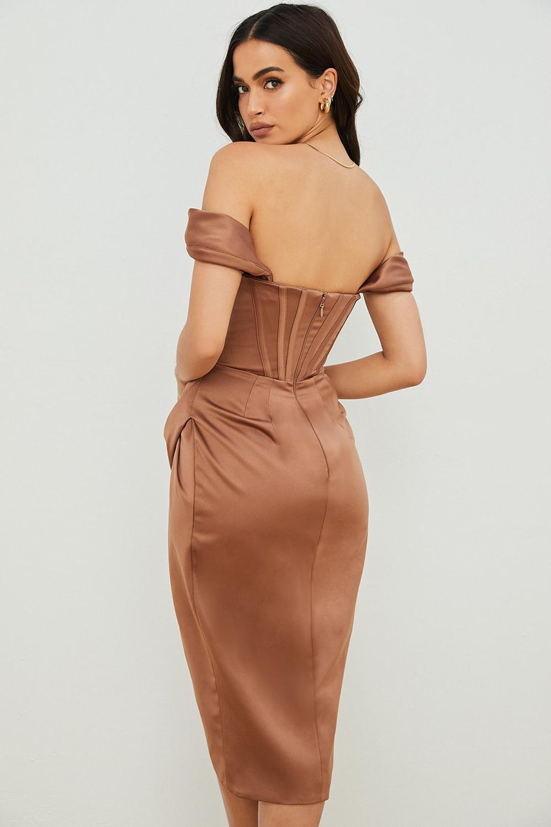 House Of CB Loretta Satin Off Shoulder Midi Dress Brown Size 8 for rent on The Volte - main image