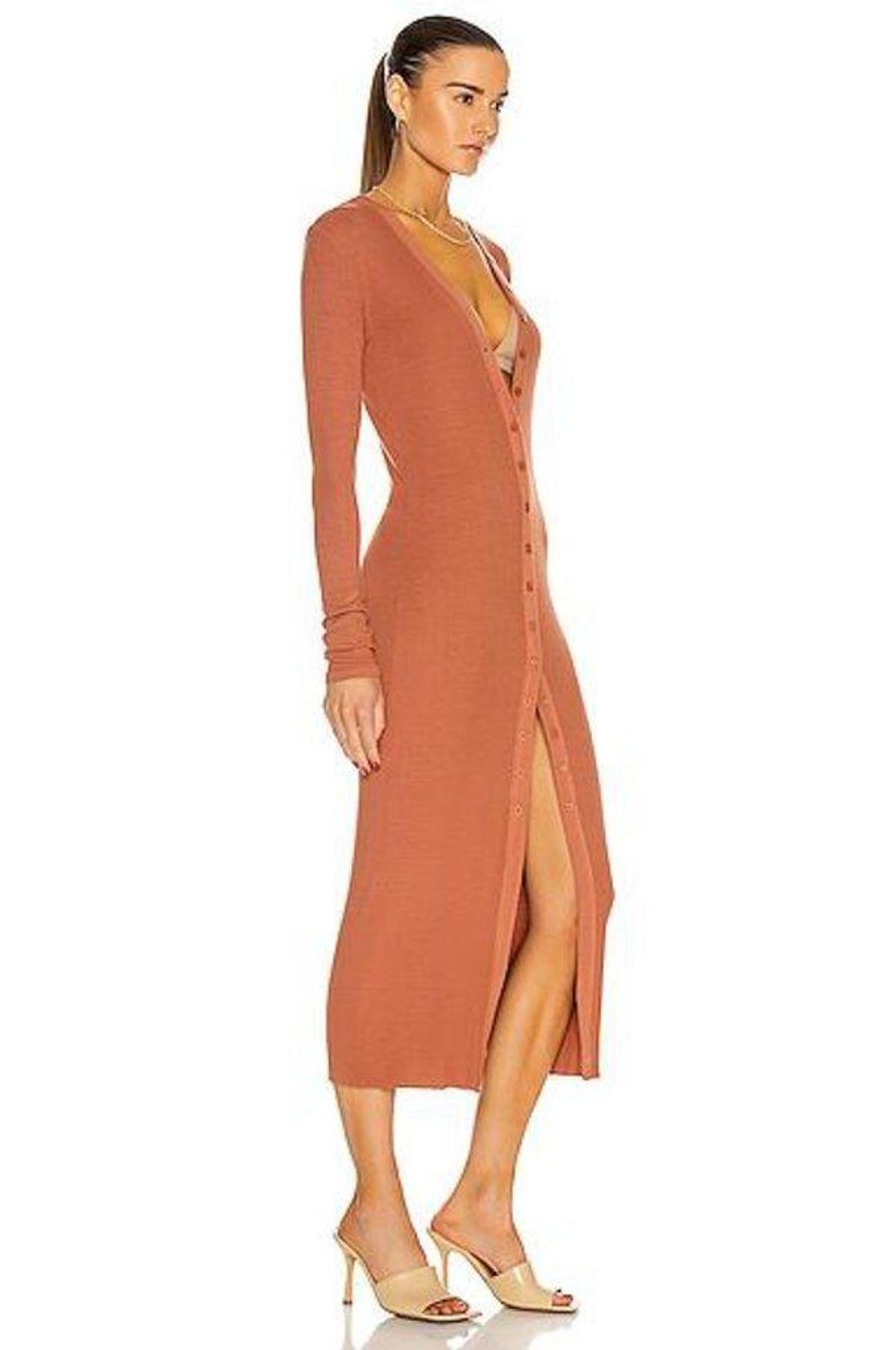 Enza Costa Silk Rib Cardigan Midi Dress Brown Size 8 for rent on The Volte - main image