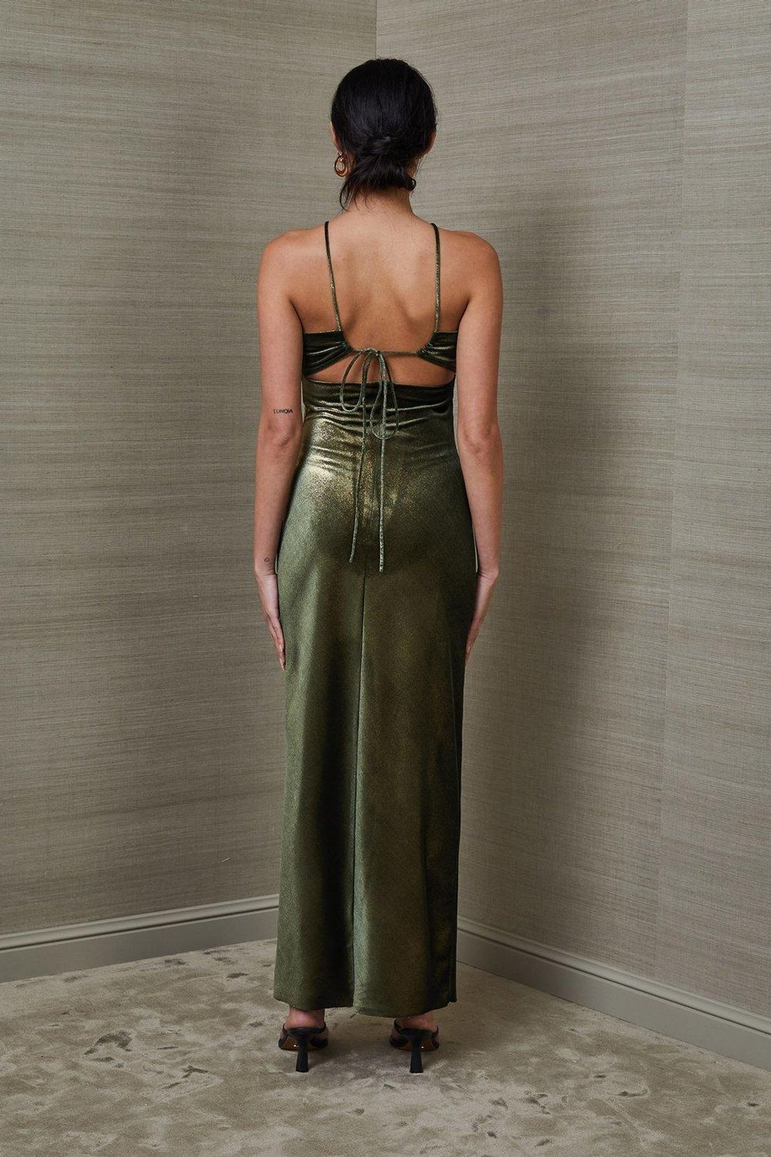 Bec & Bridge Dancing Queen Maxi Dress Metallic Green Size 10 for rent on The Volte - main image
