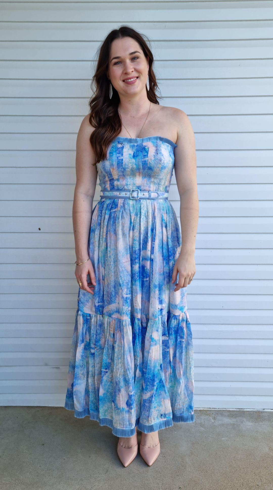 Leo and Lin Oceania Silk Linen Strapless Dress Print Size 12 for rent on The Volte - main image