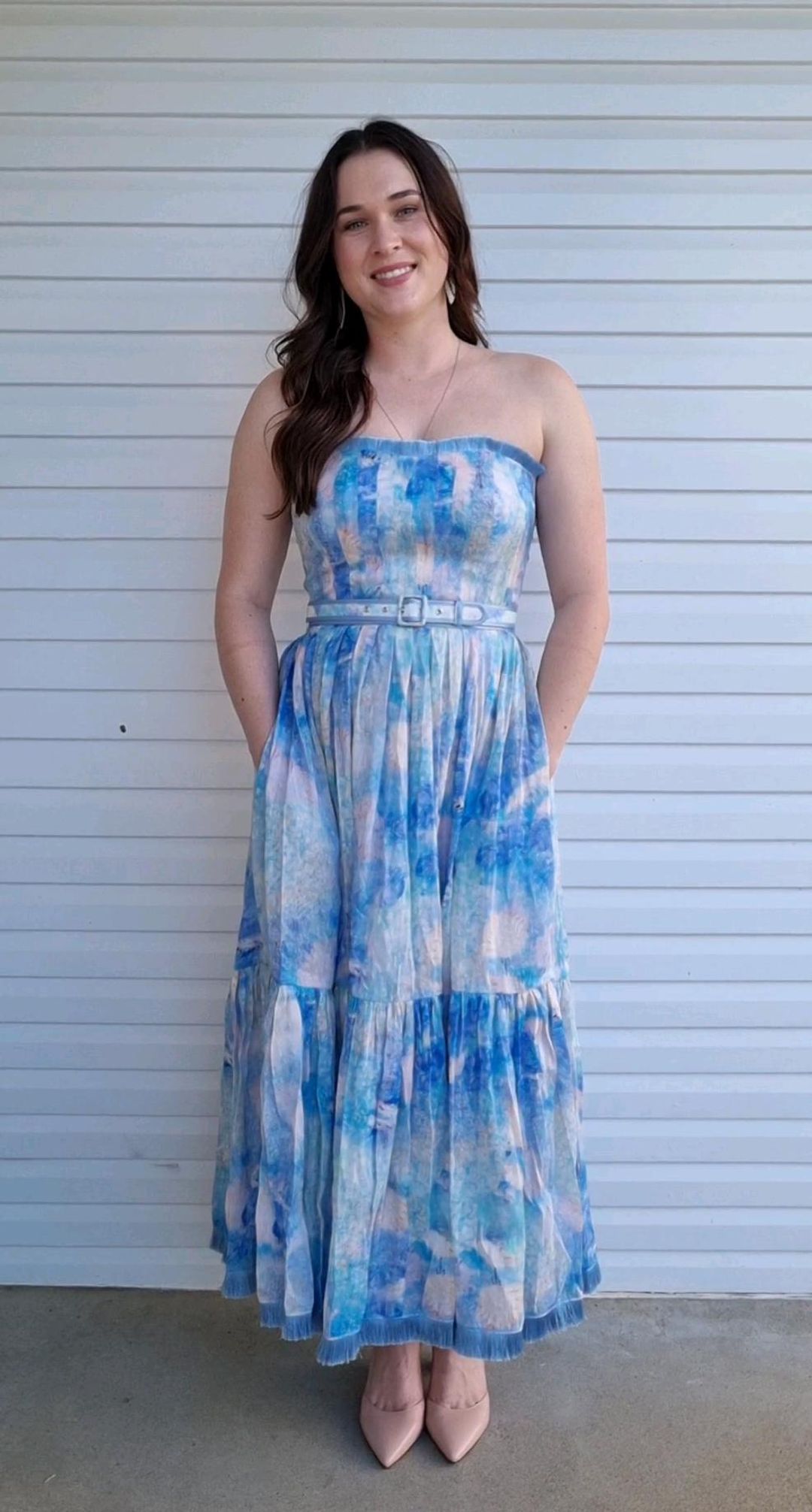 Leo and Lin Oceania Silk Linen Strapless Dress Print Size 12 for rent on The Volte - main image
