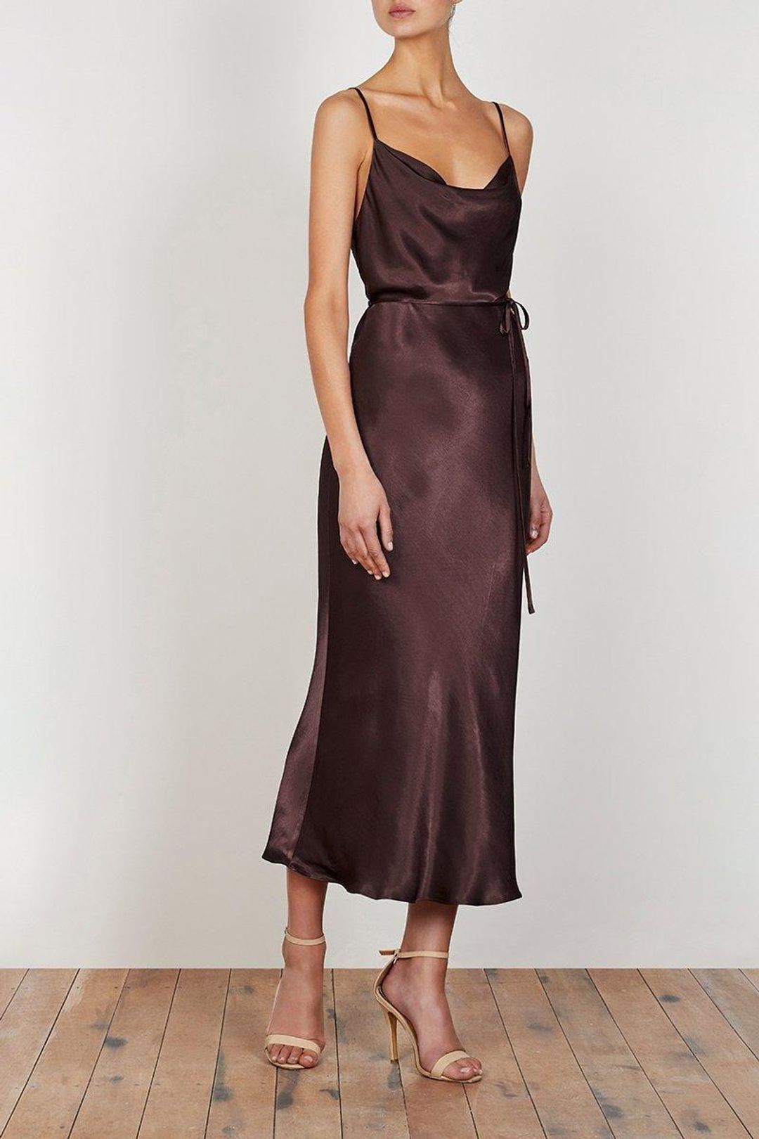Shona Joy La Lune Bias Cowl Midi Dress Brown Size 6 for rent on The Volte - main image