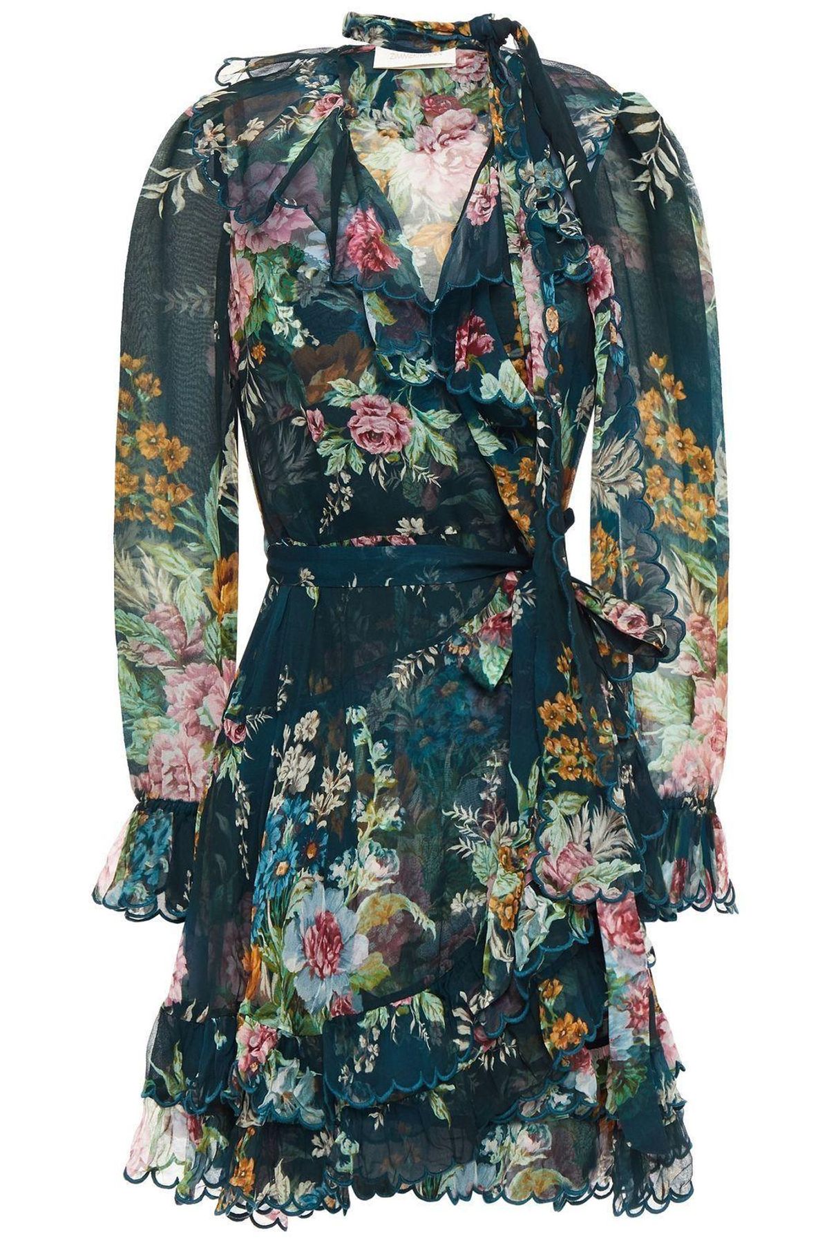Zimmermann Wavelength Scallop Ruffled Wrap Around Mini Dress Teal Daphne Floral Print Size 1 / AU 10 - Image 4