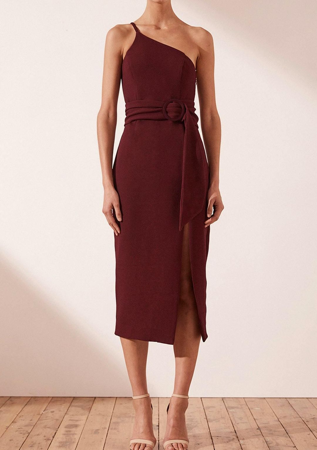 Shona Joy One Shoulder Leg Split Midi Dress Red Size 10 for rent on The Volte - main image