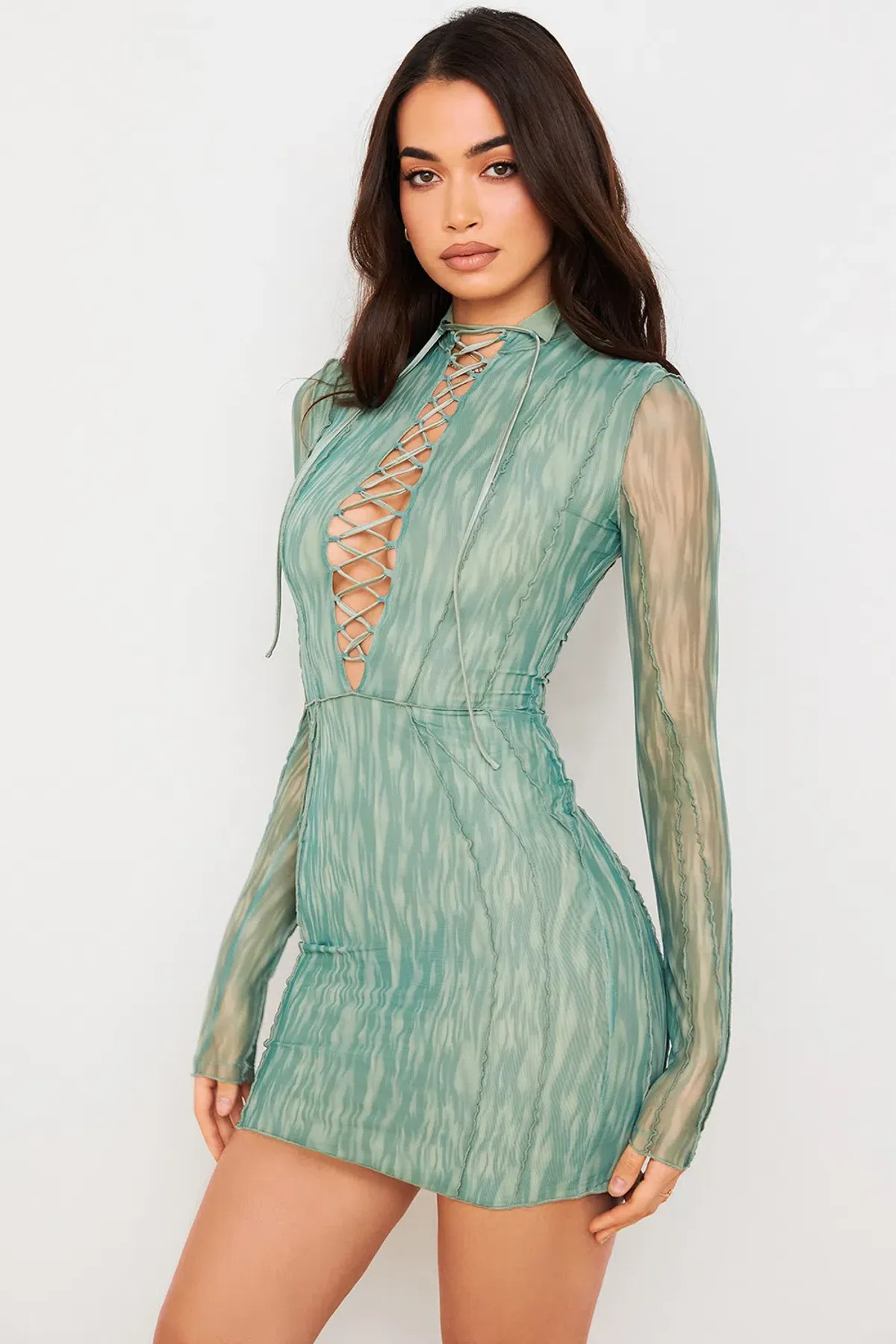 House of CB 'Dylan' Ivy Printed Mesh Lace Up Mini Dress Green Size 8 - Image 2
