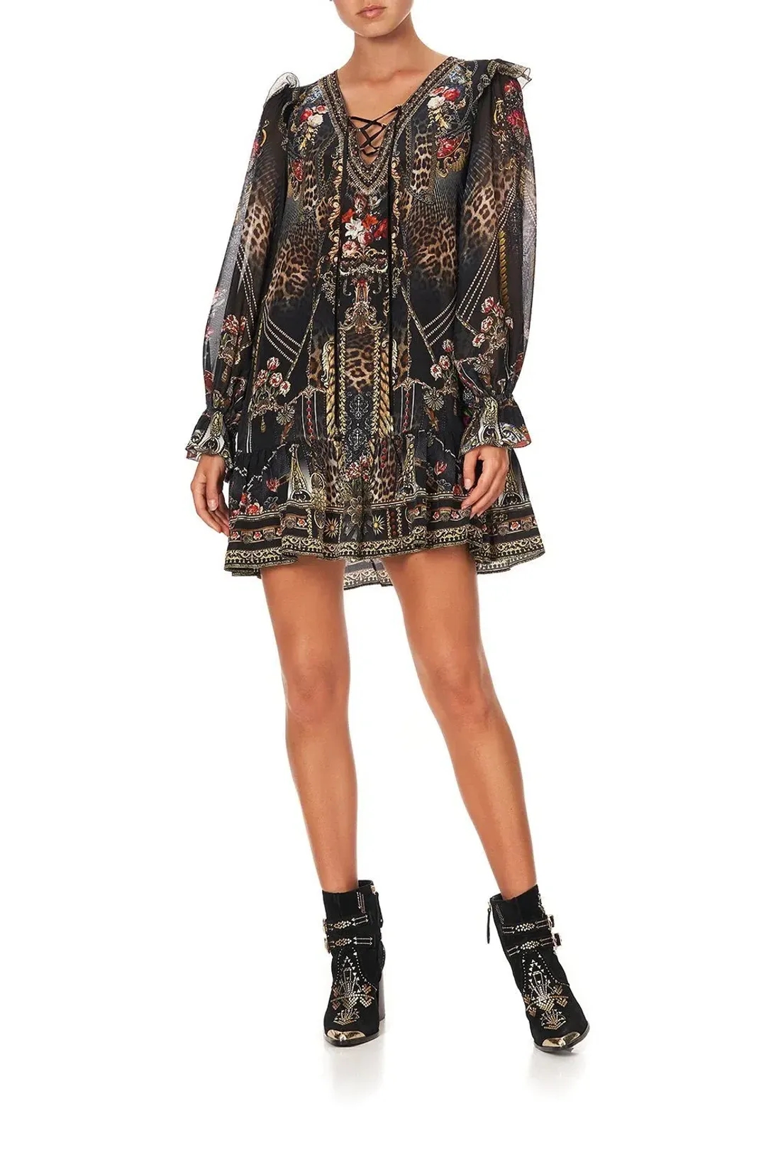 Camilla Gothic Goddess Ruffle Lace Up Dress Print Size XL for rent on The Volte - main image