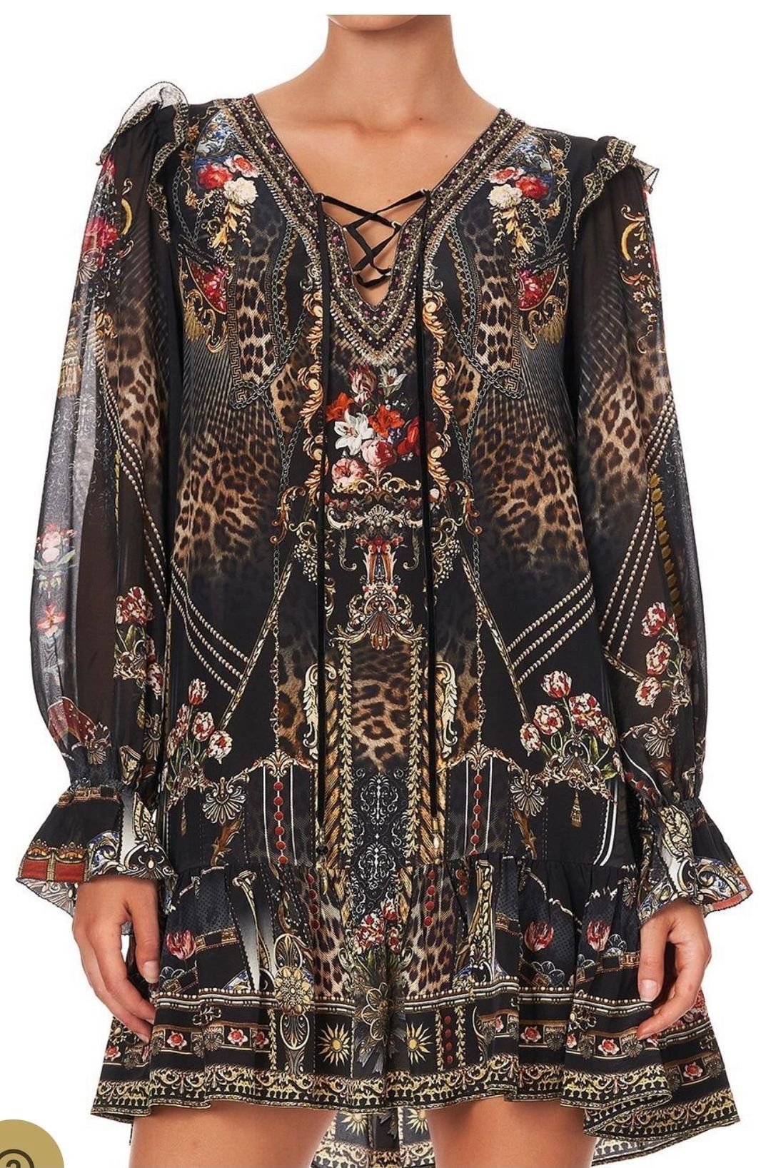 Camilla Gothic Goddess Ruffle Lace Up Dress Print Size XL for rent on The Volte - main image