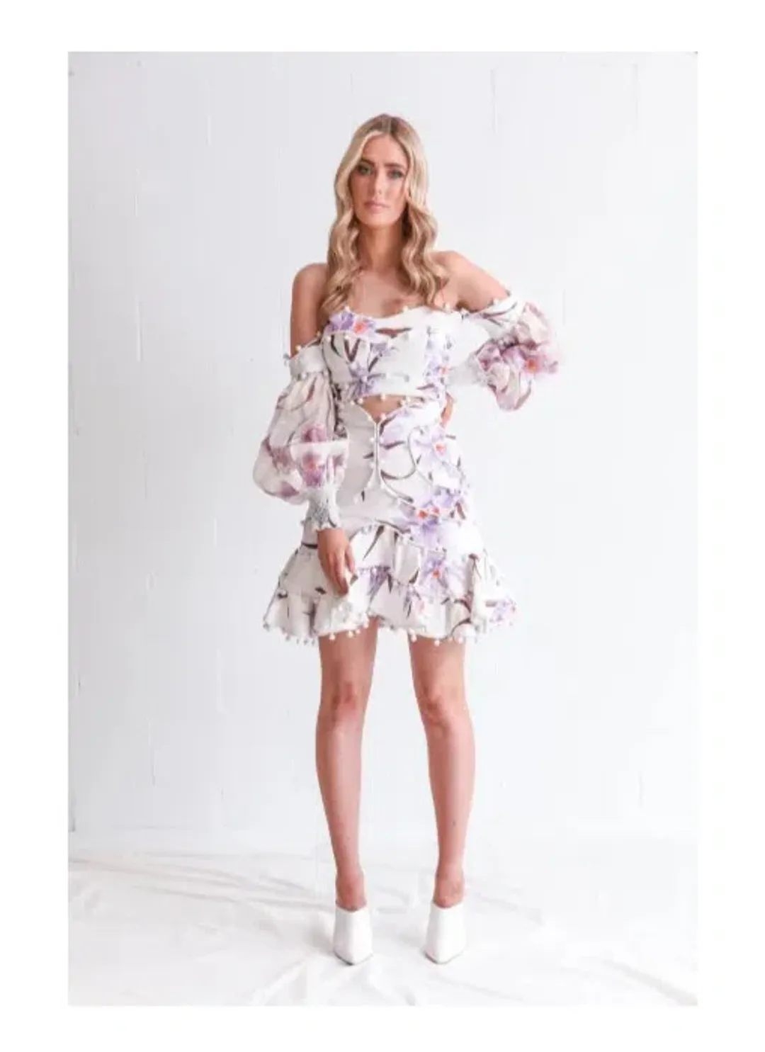 Zimmermann Corsage Bauble Bodice Ivory Lilac Orchid Print Size 1/ AU 10 for rent on The Volte - main image