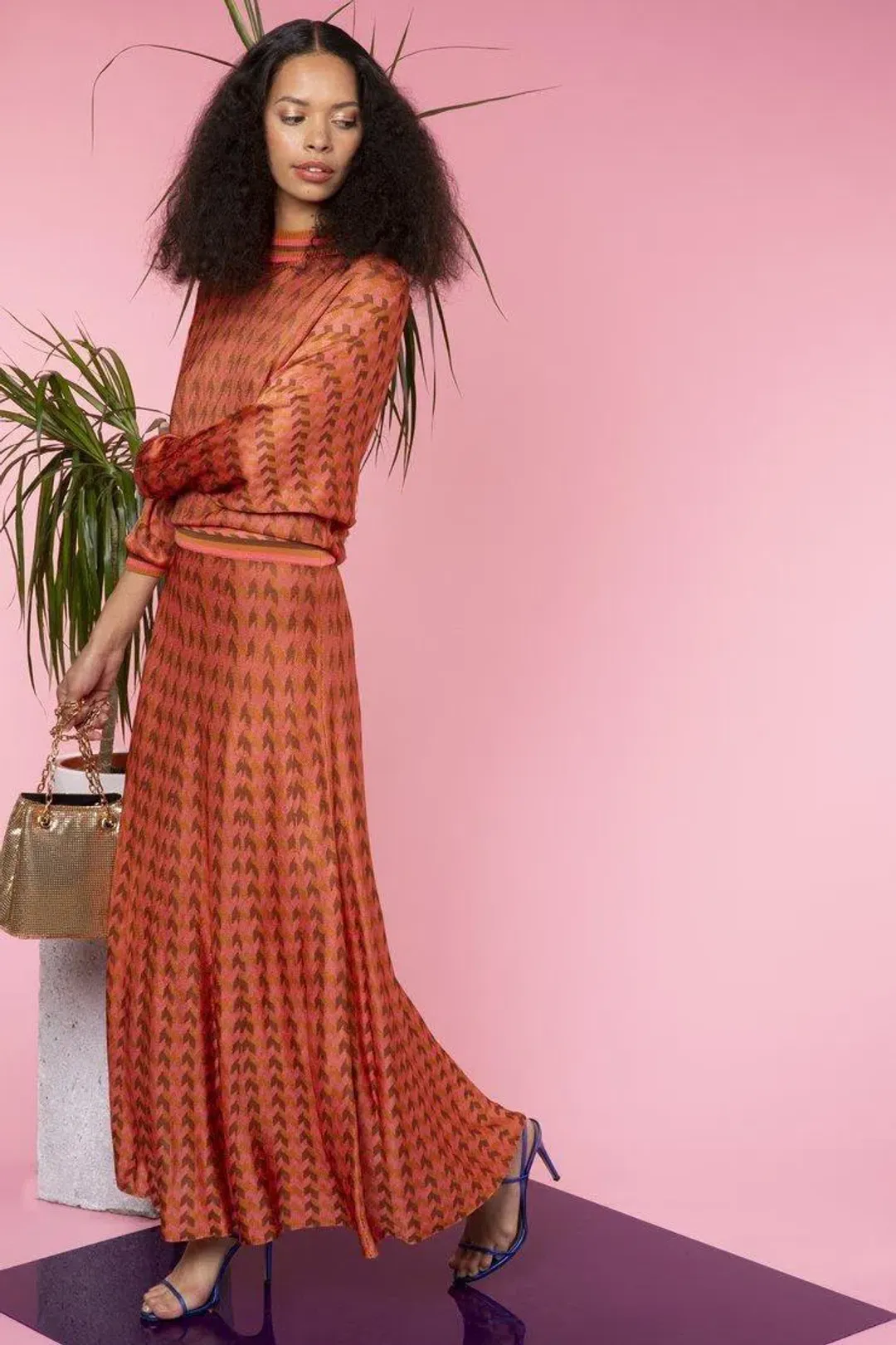 RIXO DRESS - orange dogtooth size L for rent on The Volte - main image