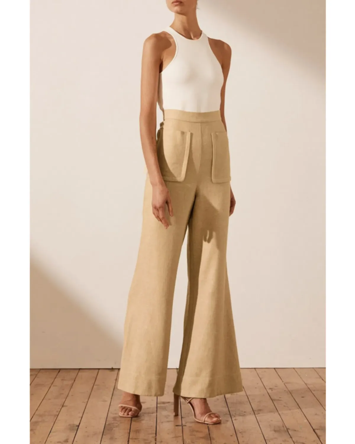 Shona Joy Carmen Linen Flared Pant Beige Size AU 6 - Image 2